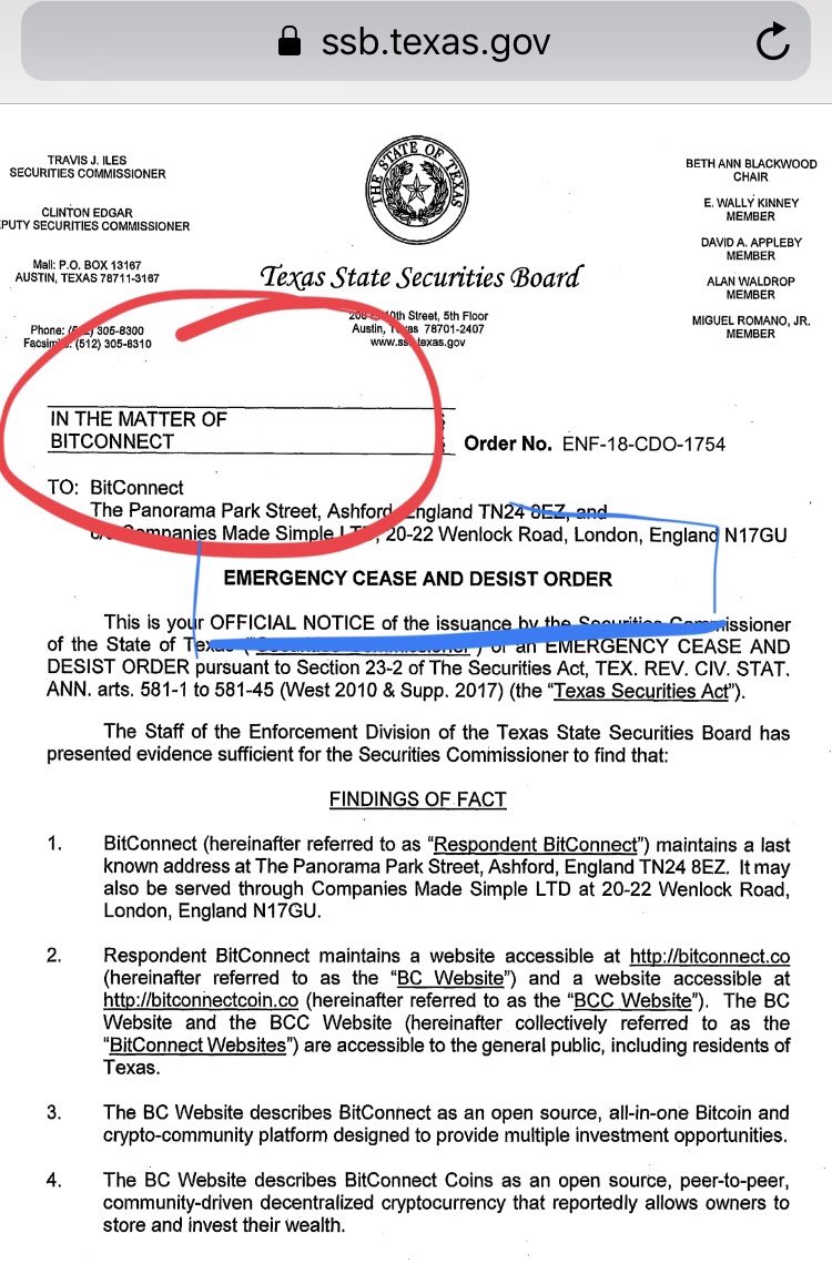 BitConnect Cease and Desist Order Bitcoin