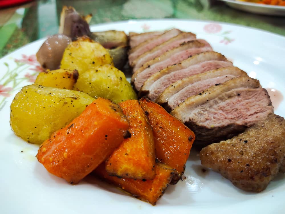 Homemade pan seared then oven roasted duck breast, with oven roasted