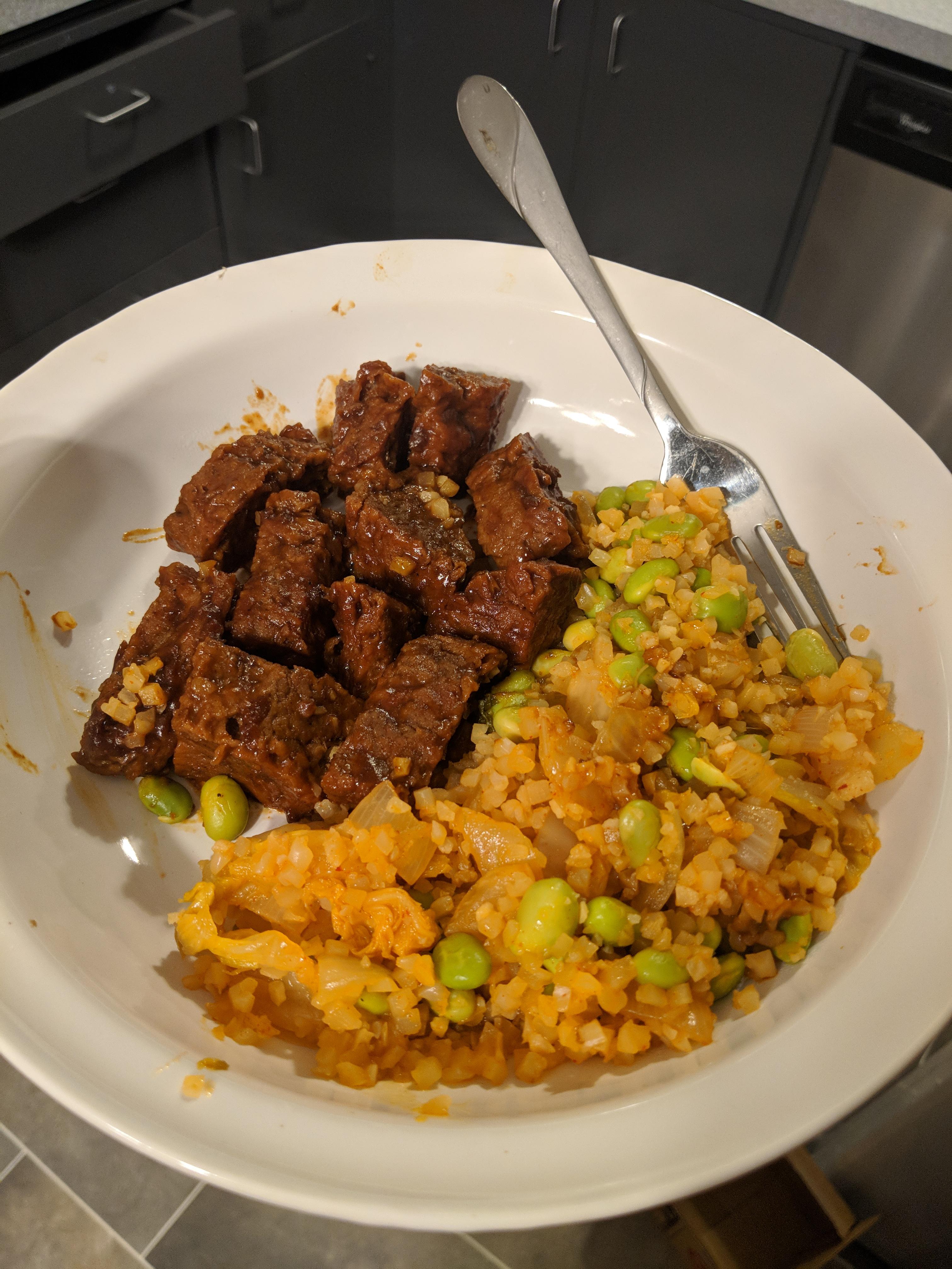 Kimchi fried rice with edamame and Kbbq seitan r/veganrecipes