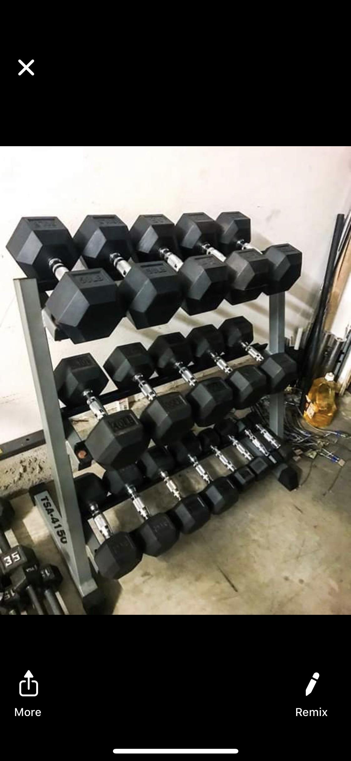 Dumbbell deal check, 500 for 550 by 5 lb increments in rubber w rack