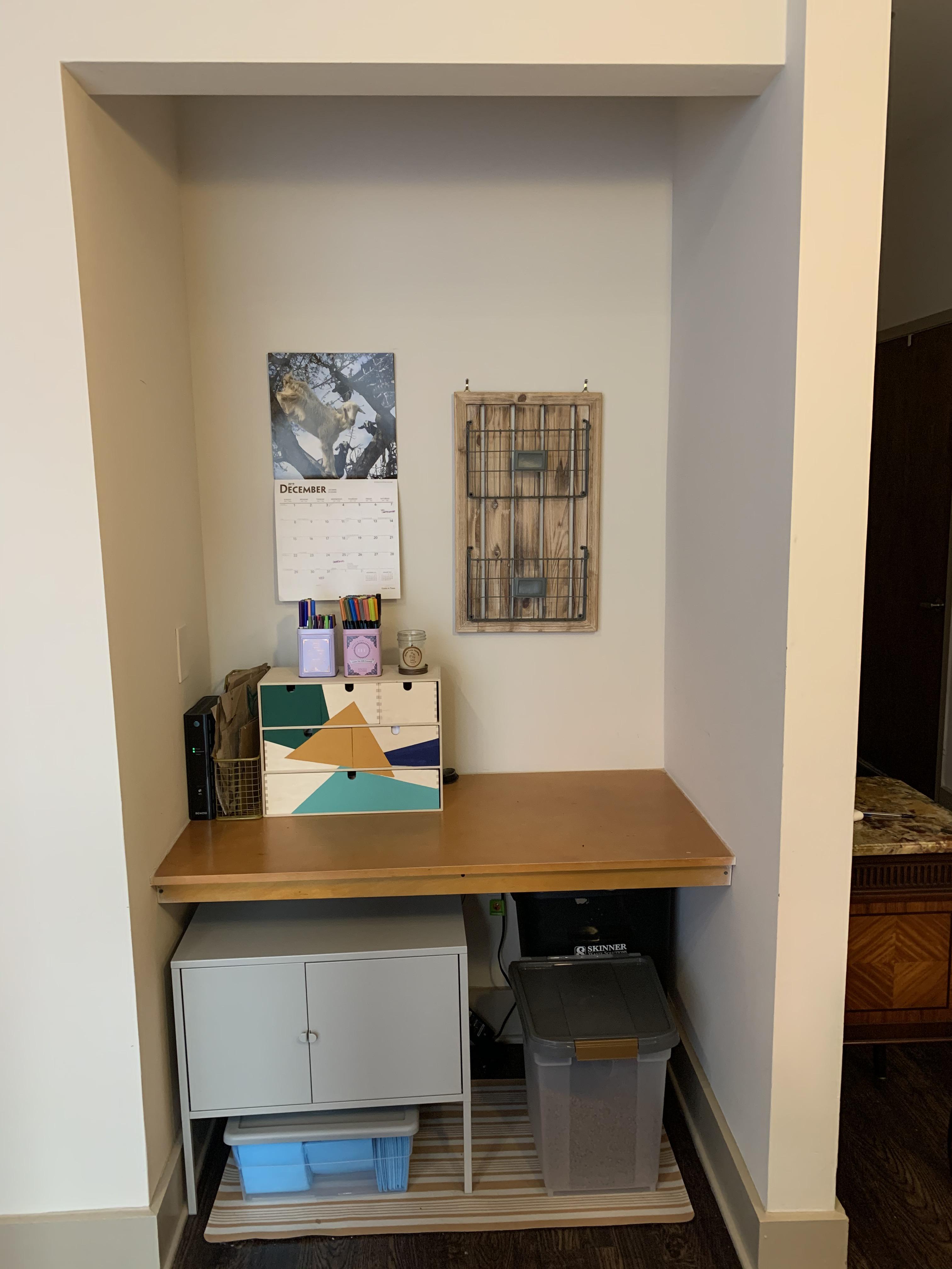 Help me convert the top of this built in desk into pantry or kitchen