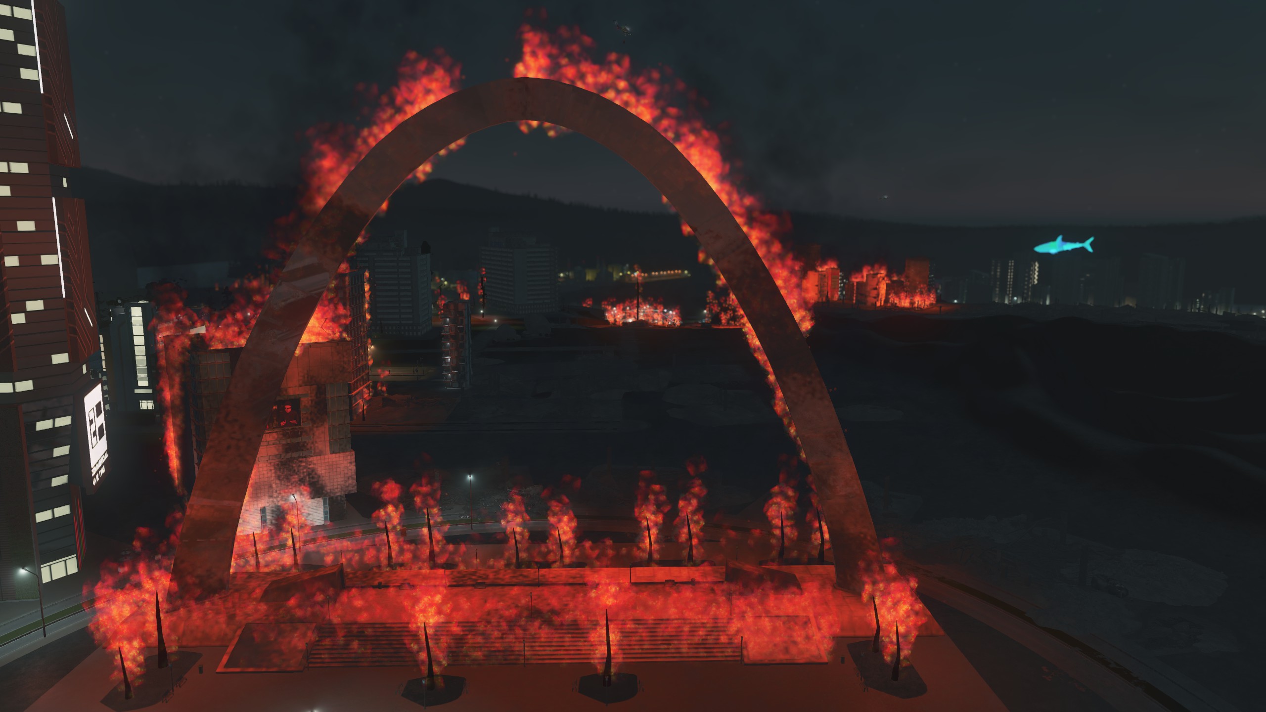 [Cities Skylines] the St. louis arch caught fire and turned into the