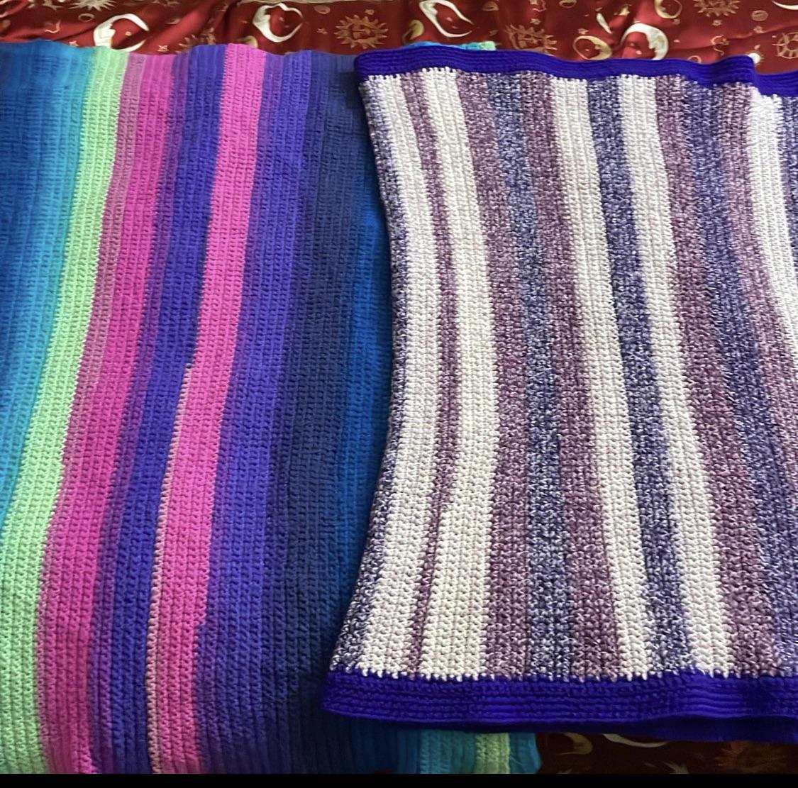 Two baby blankets I made for a family member. I made them 5’x4’ so