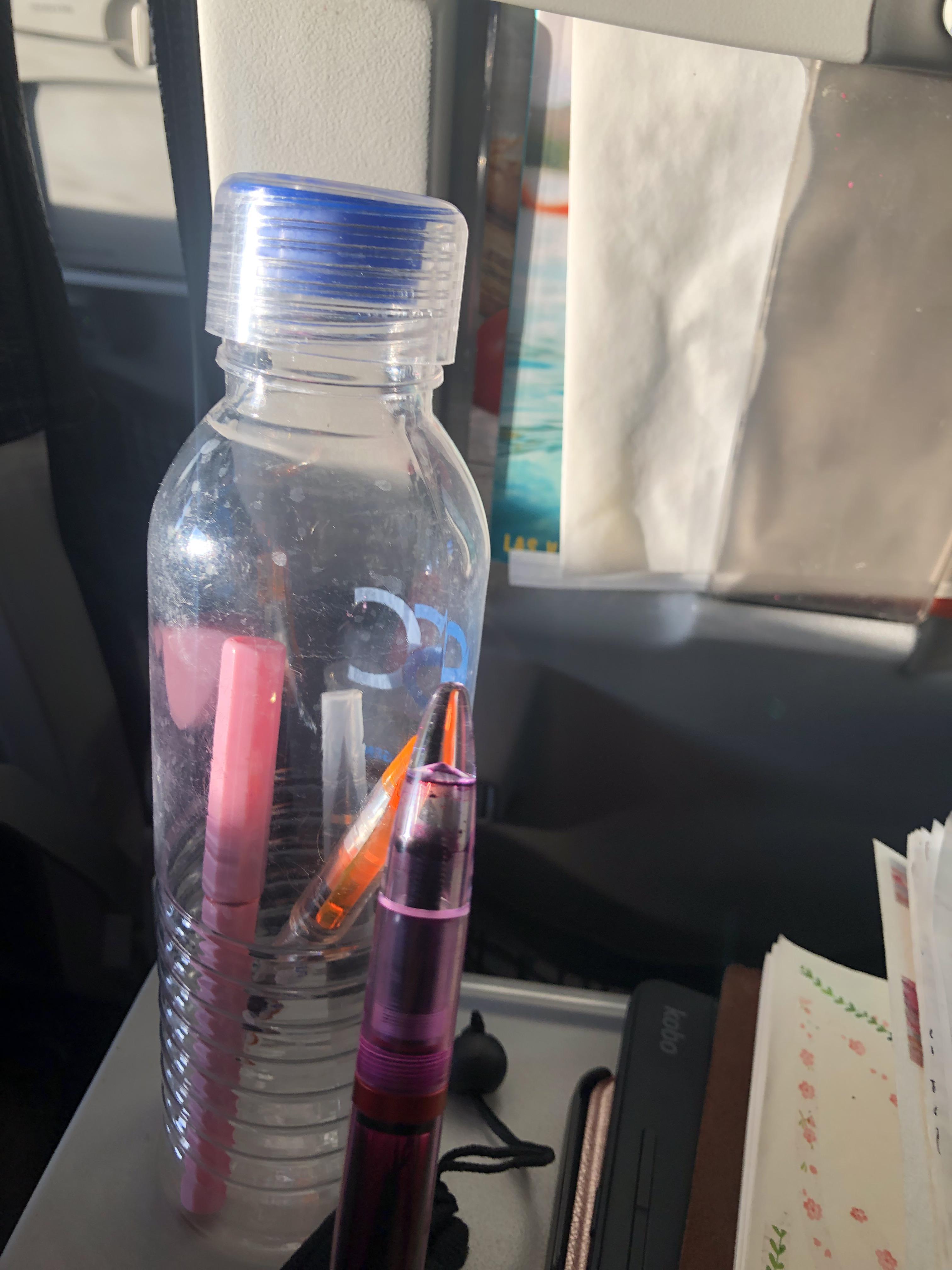Flying with fountain pens in a airtight clear drinking bottle 10/10