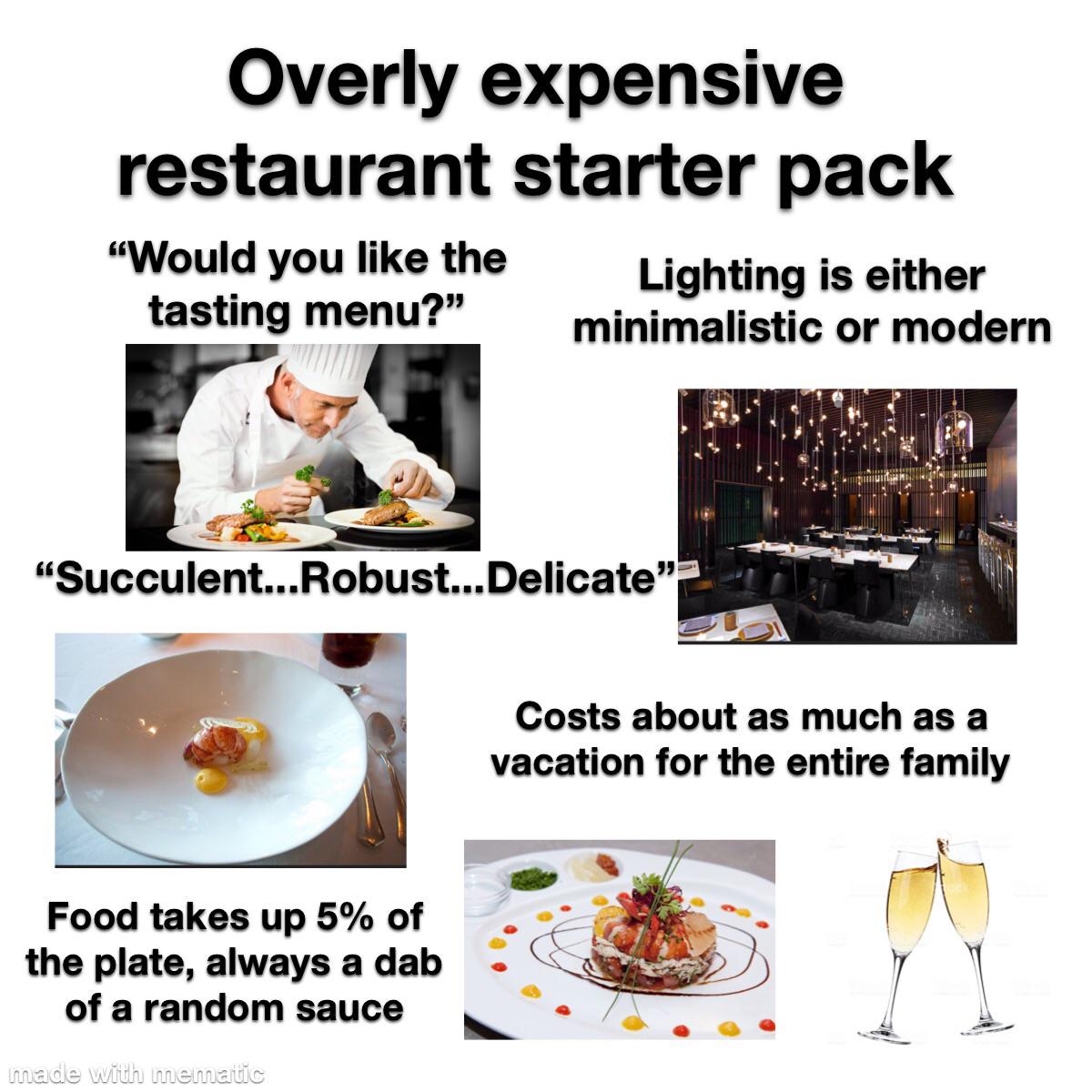 Overly expensive restaurant starter pack r/starterpacks