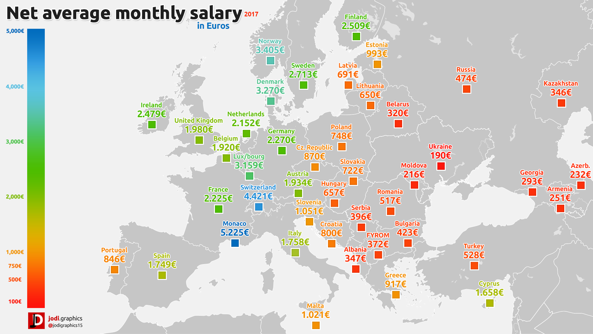 Net average monthly salary in European countries [1920x1080] r/MapPorn