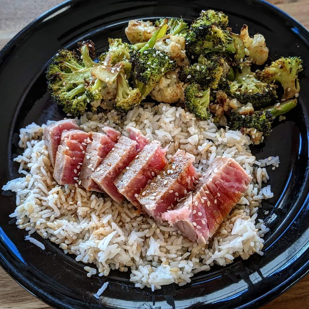 Seared Tuna over Rice with a side of Sesame Roasted Broccoli and