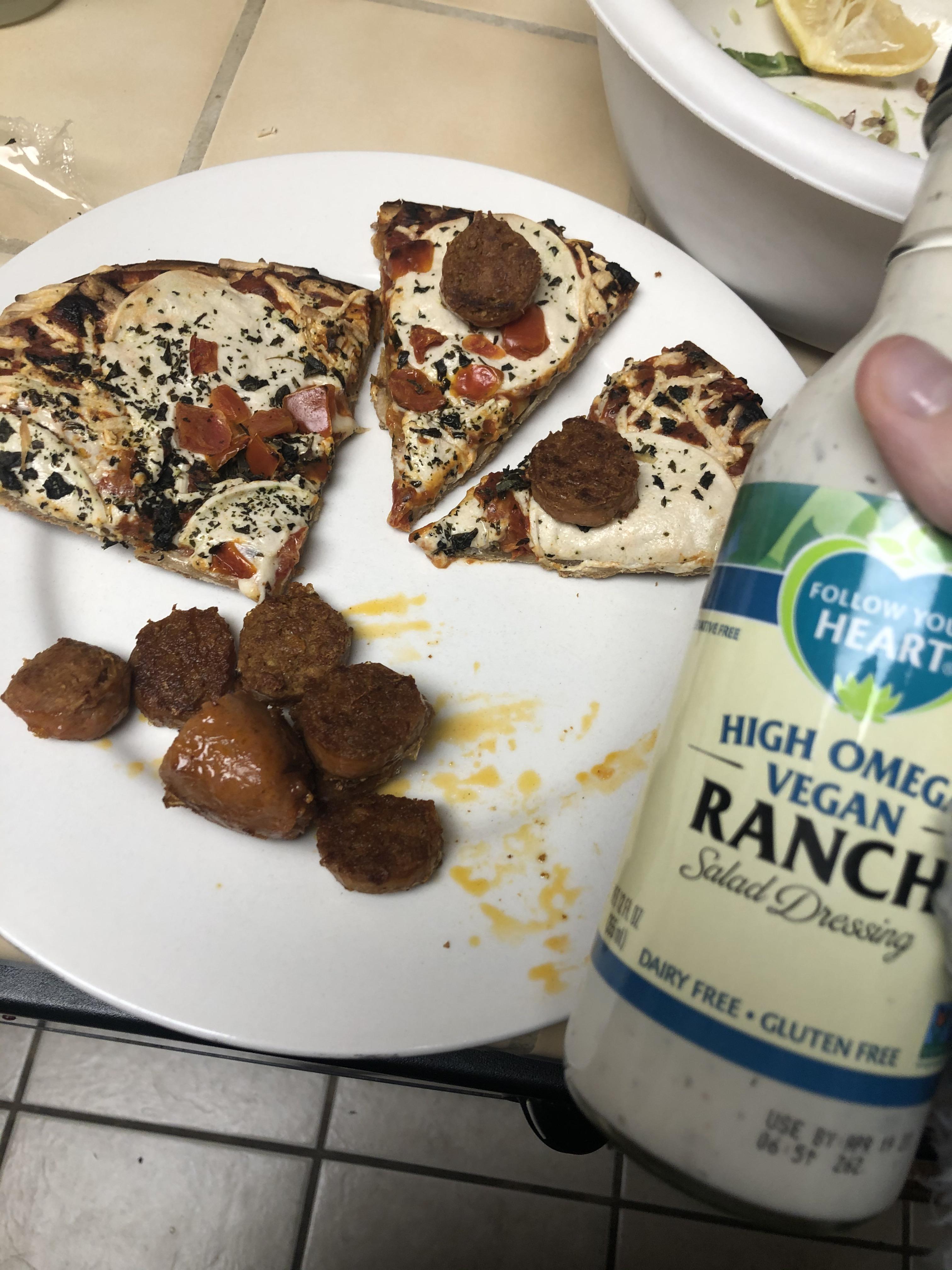 My super unhealthy dinner of Daiya pizza, beyond sausage, and a lot of