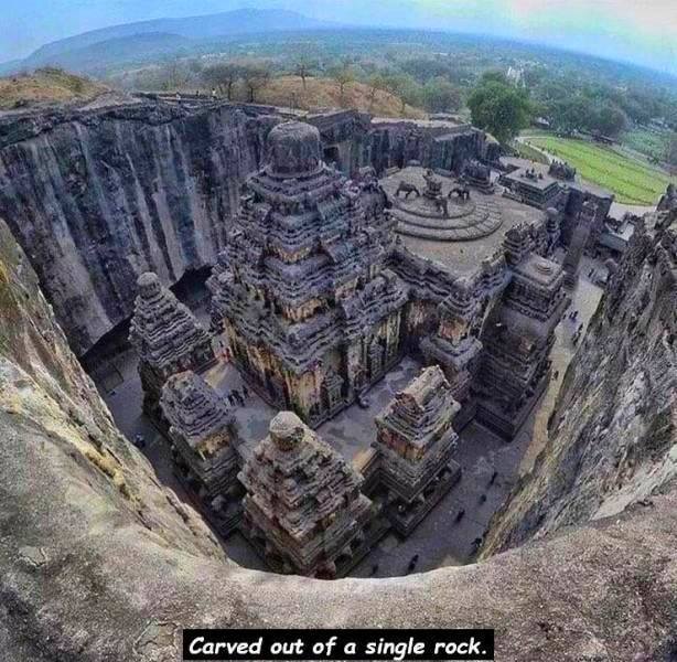 Kailash Monolithic Temple in Ellora Caves, India. Carved straight out