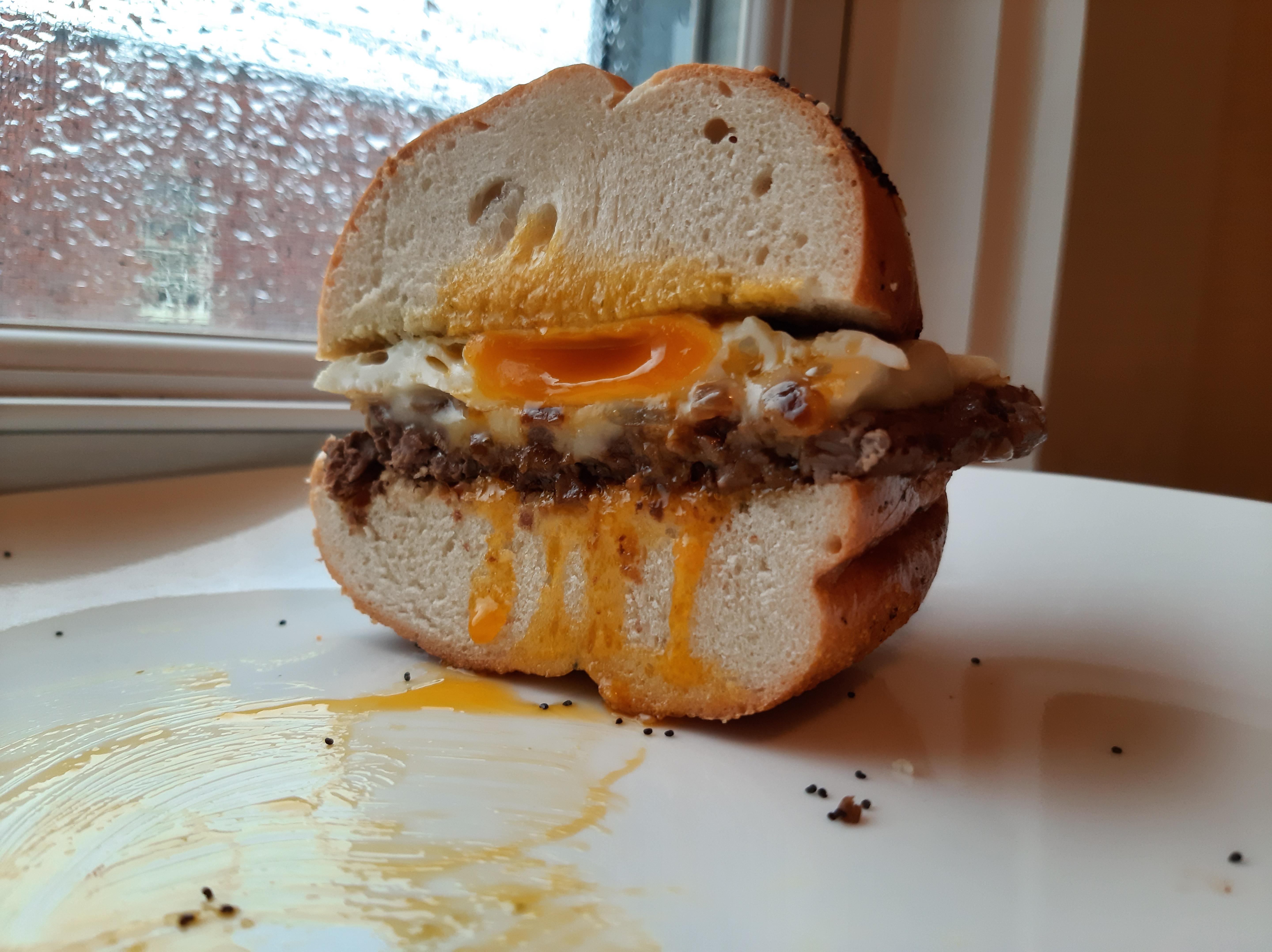 Rainy Day Breakfast Steak, Onion, Cheese, Egg, Hot Sauce on an