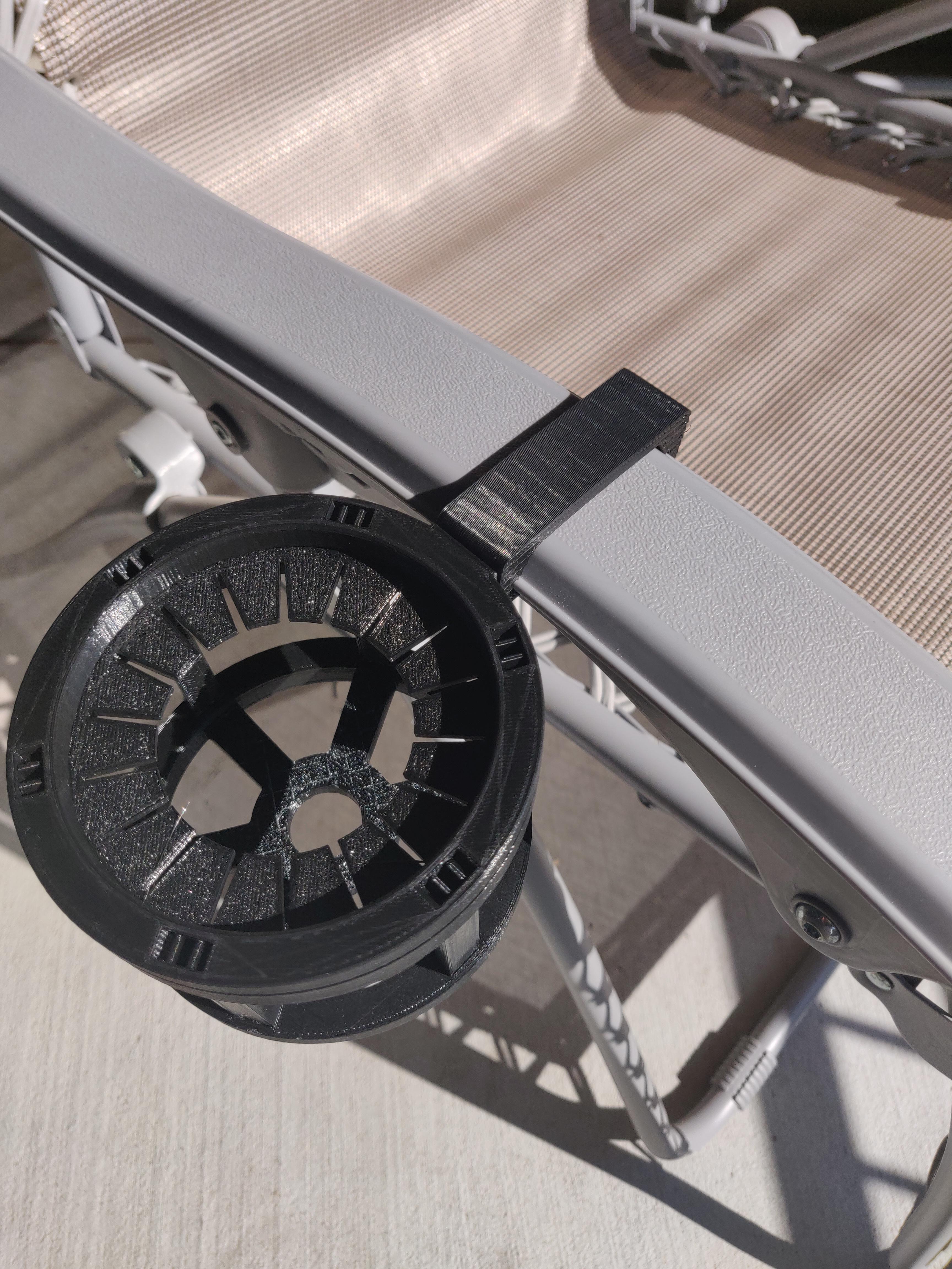 Cupholder I made to fit my patio chairs. TPU grommet let's it snuggly