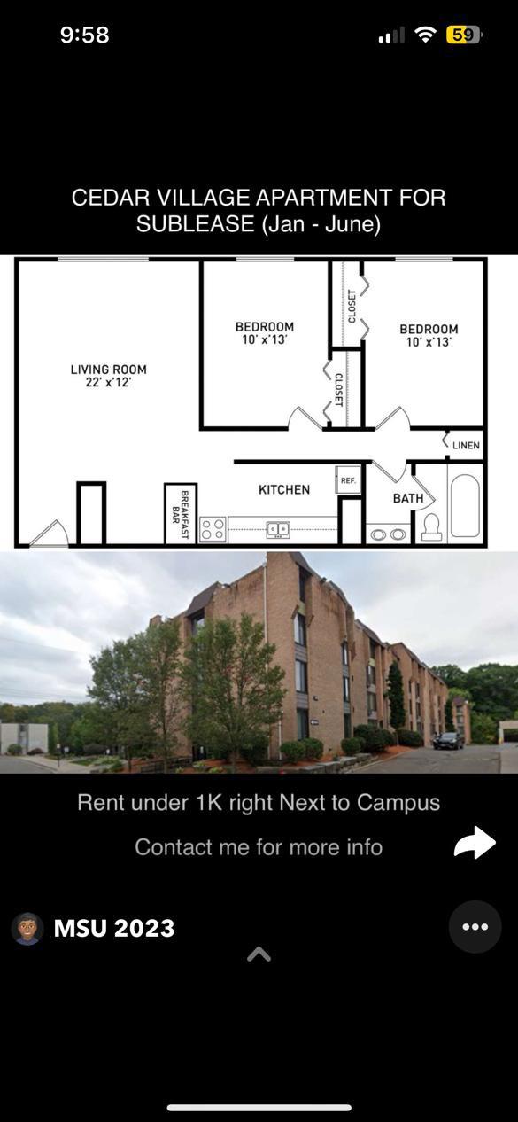 Apartment for sublease at Cedar Village r/msu