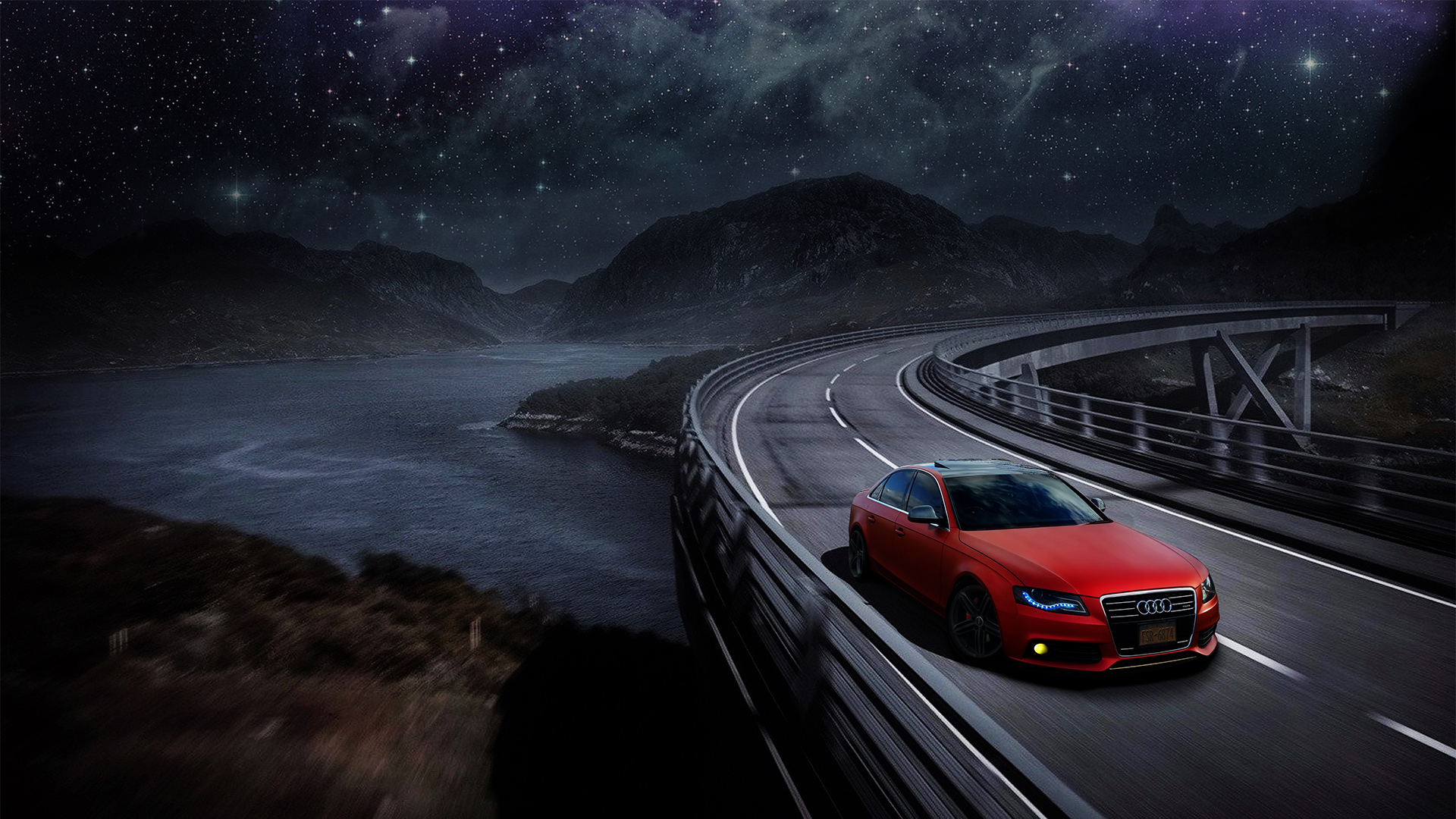 My Matte Red Audi A4 (Edited) Driving, Bridge, Starry Night scene