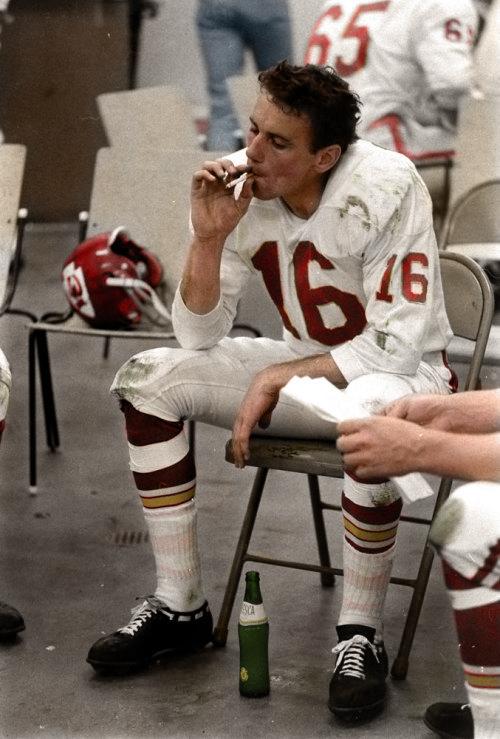 Len Dawson of the Kansas City Chiefs in the dressing room at half time