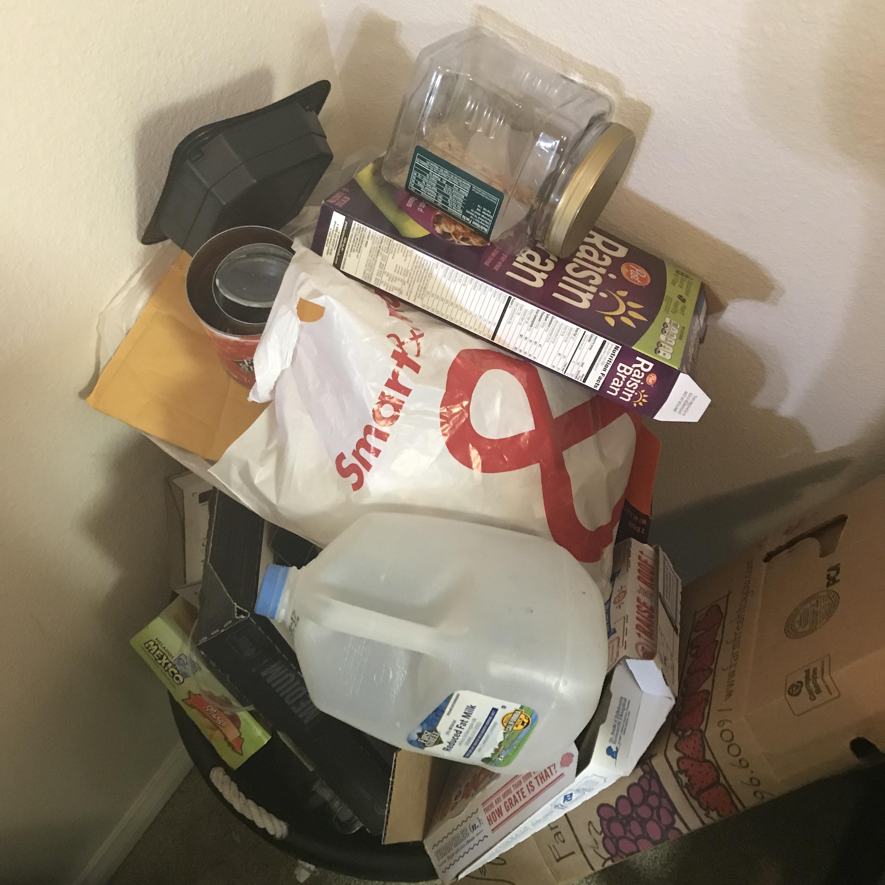 So here’s what the recycling bin looks like after I’ve been gone a week