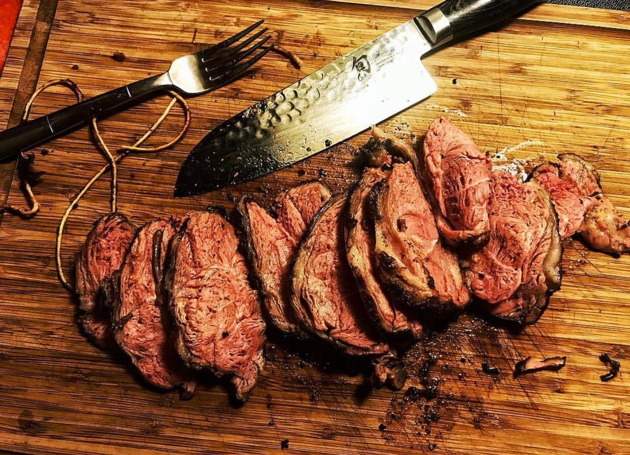 Deboned leg of lamb, rolled and tied cooked 135 for 6 hours. Seared and