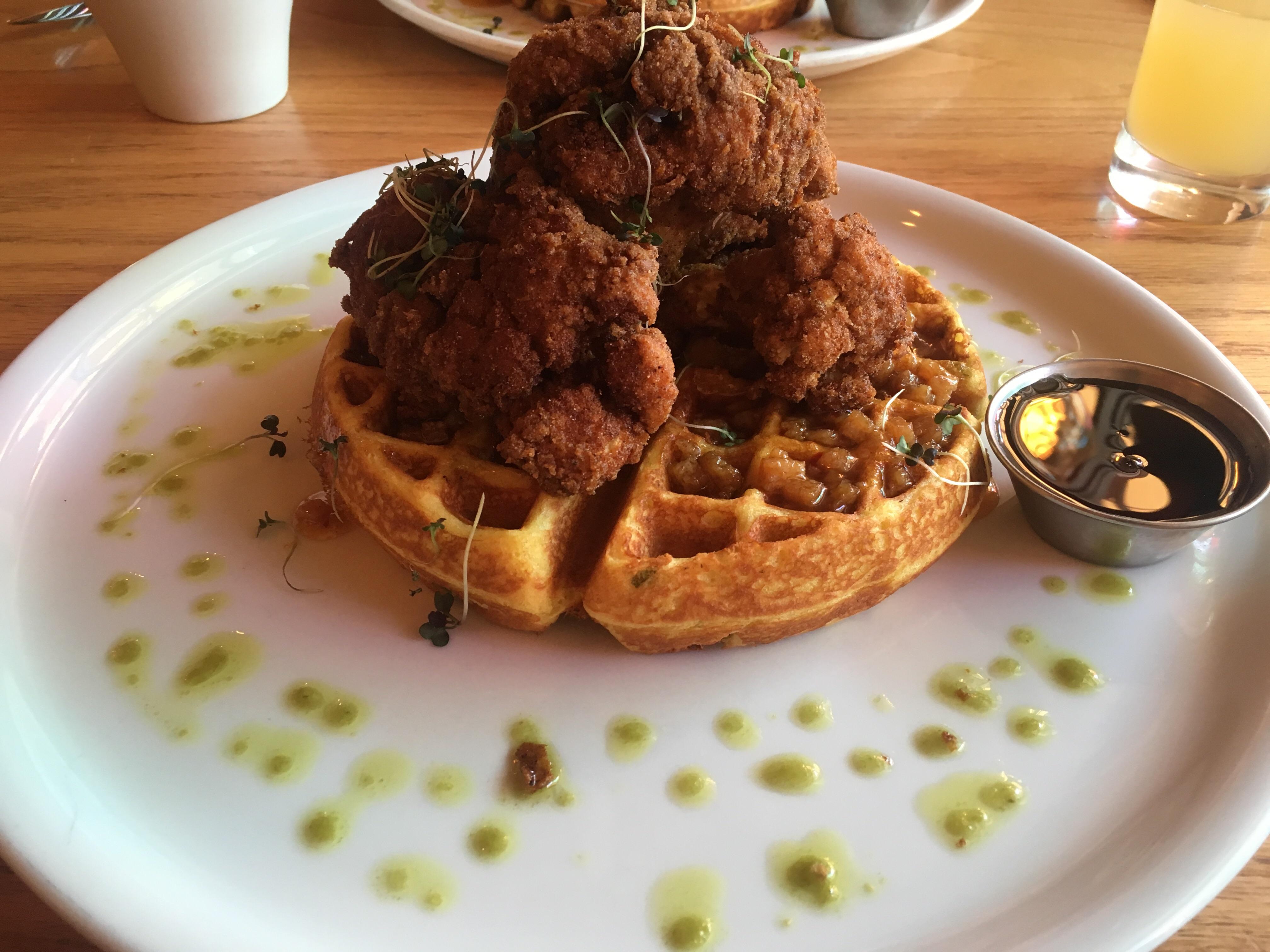 Cauliflower chicken and waffles from watercourse foods in Denver! r/vegan
