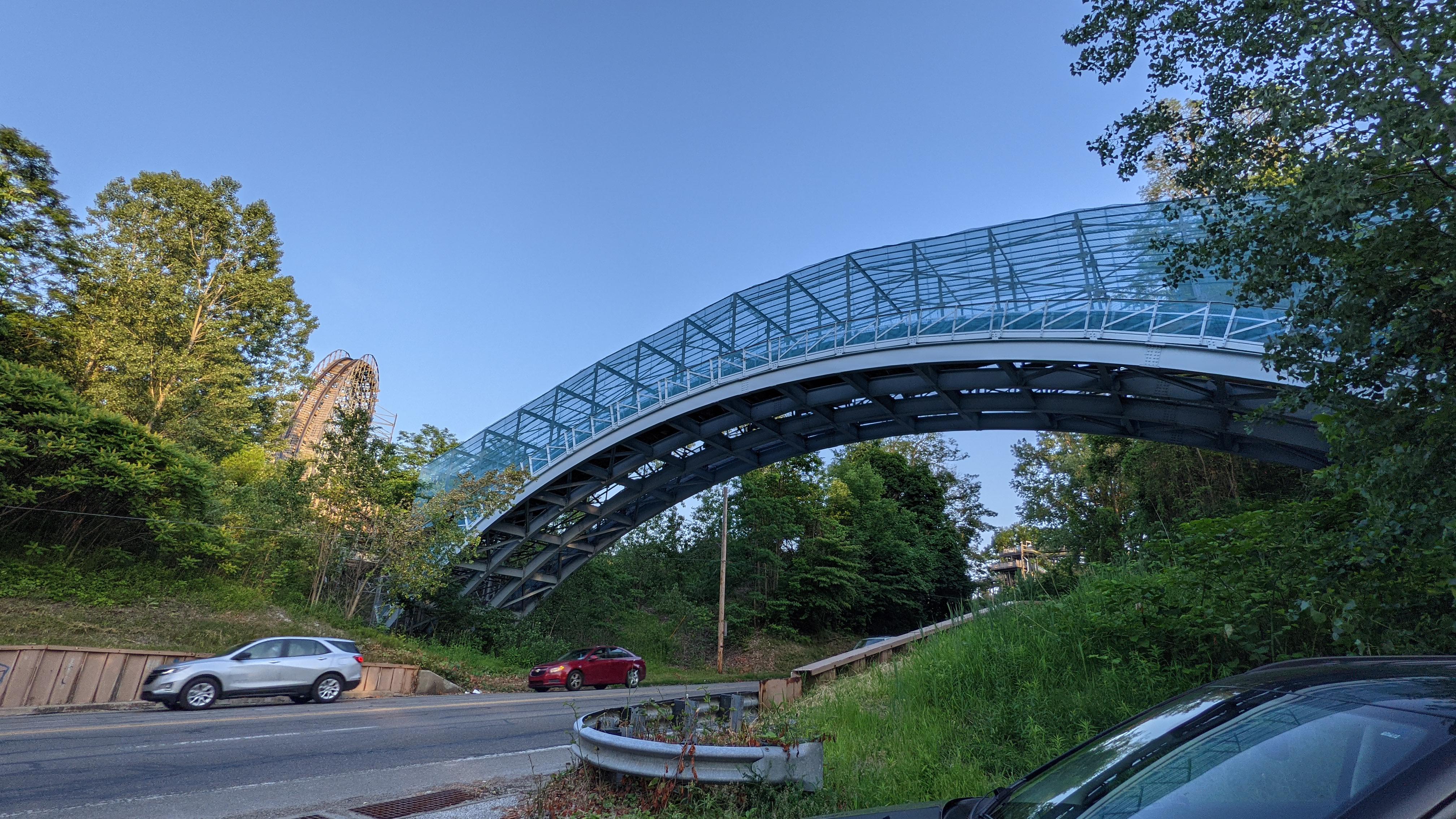 The bridge on Ravine Flyer II at Waldameer in Erie, Pennsylvania. The park boasts it as "the