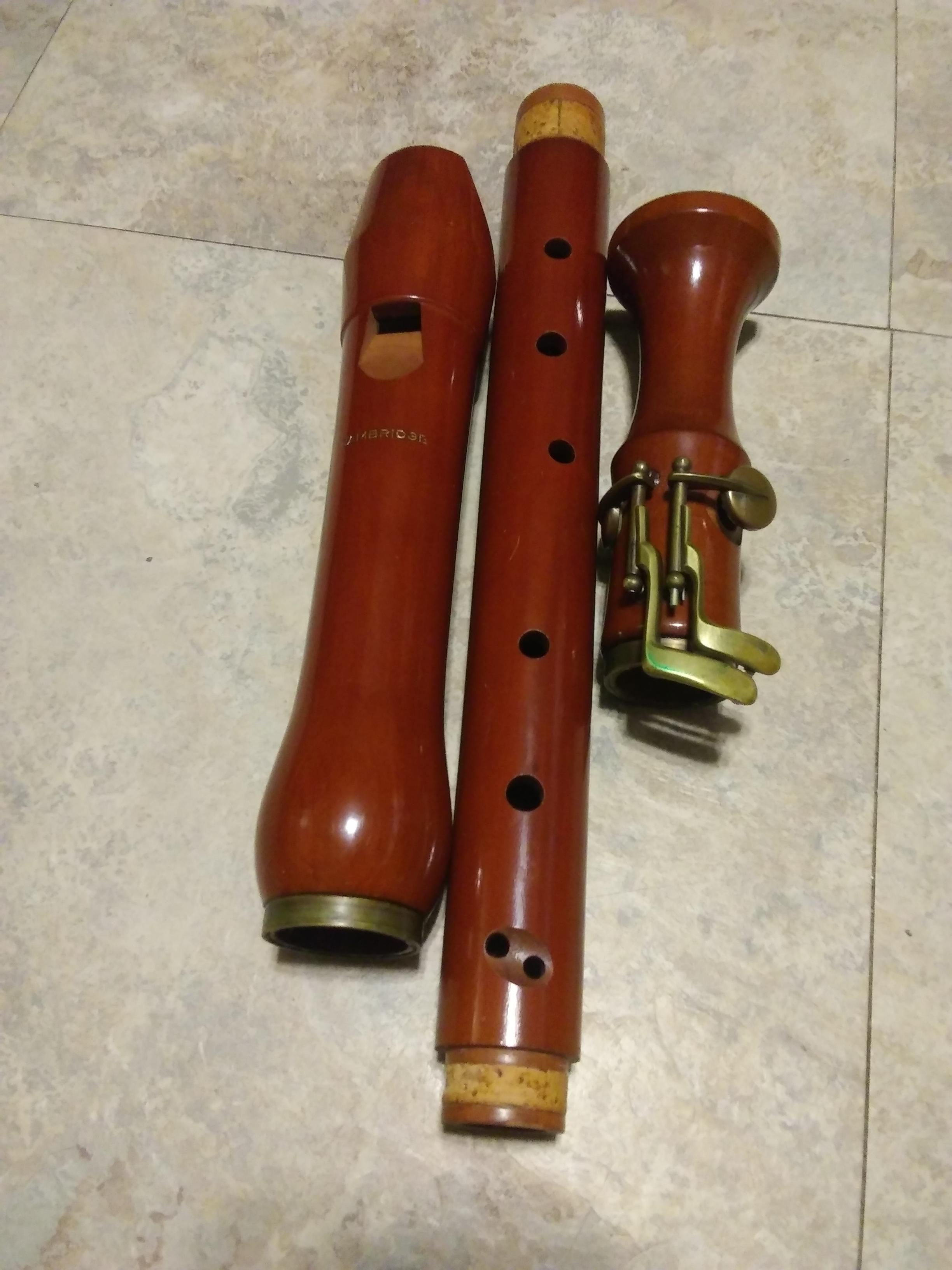 Wooden recorder with "Cambridge" printed On the front, made in West