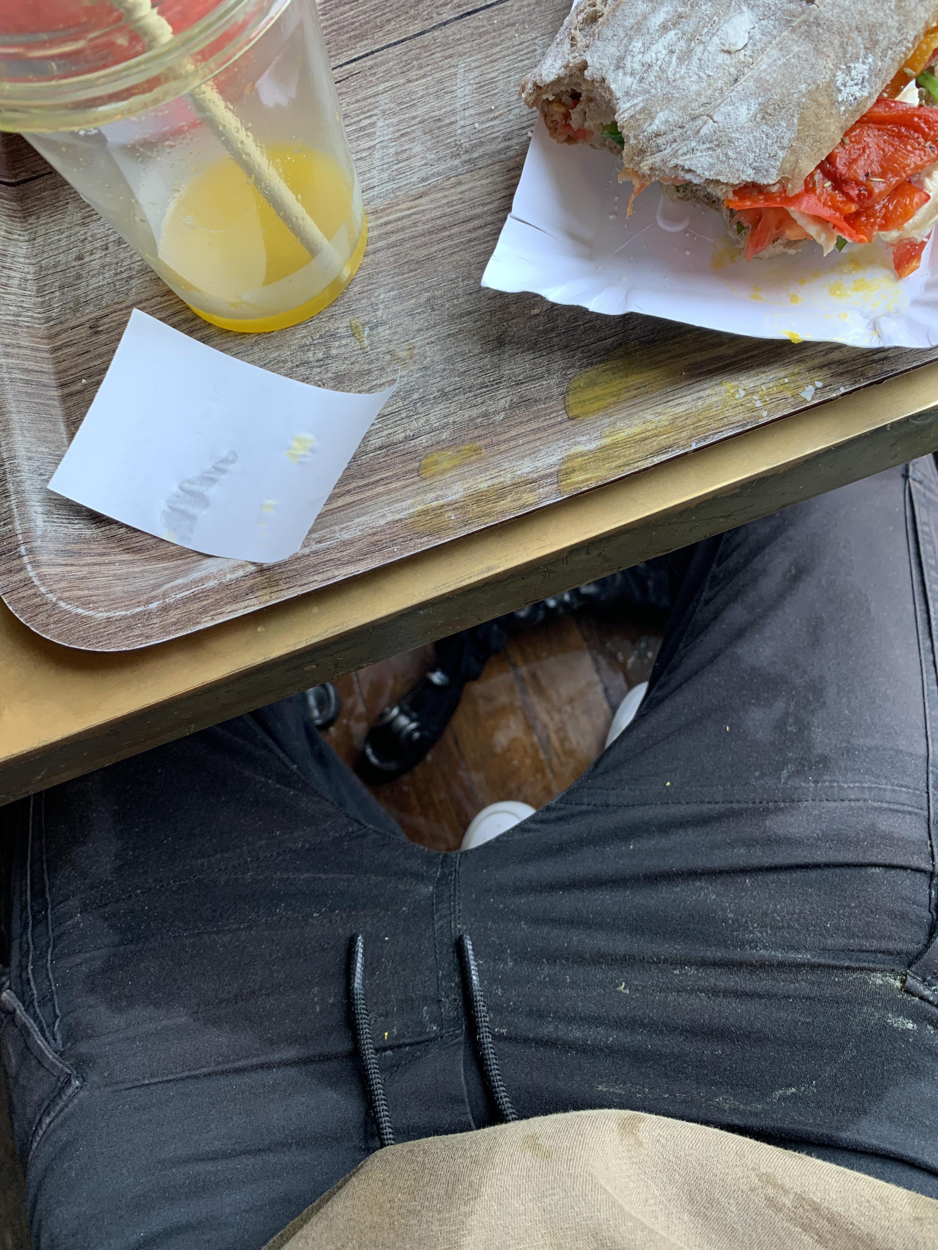 I just spilled a full cup of orange juice all over myself on the last