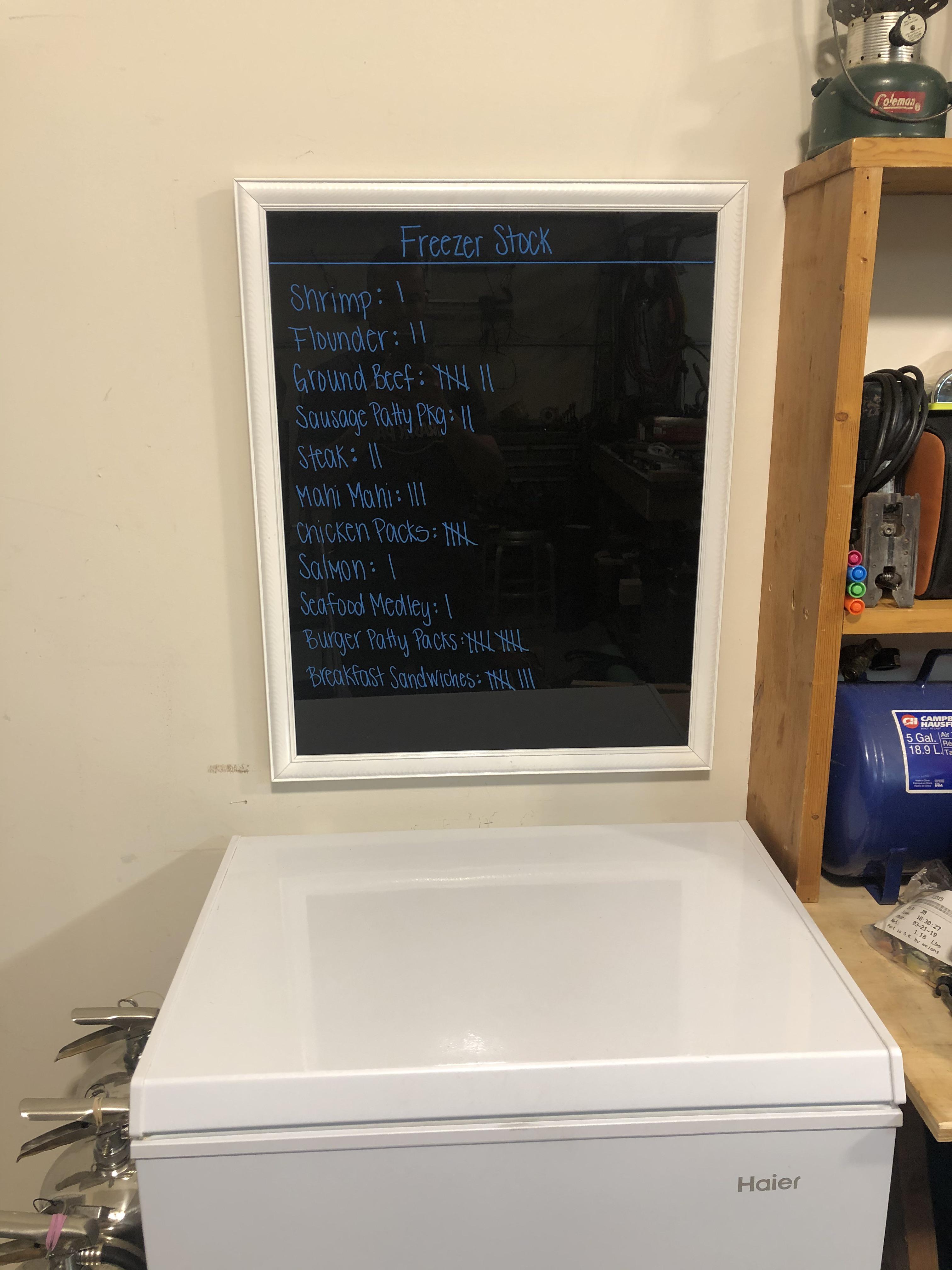 Freezer stock blackboard. I made this dry erase blackboard from a ugly