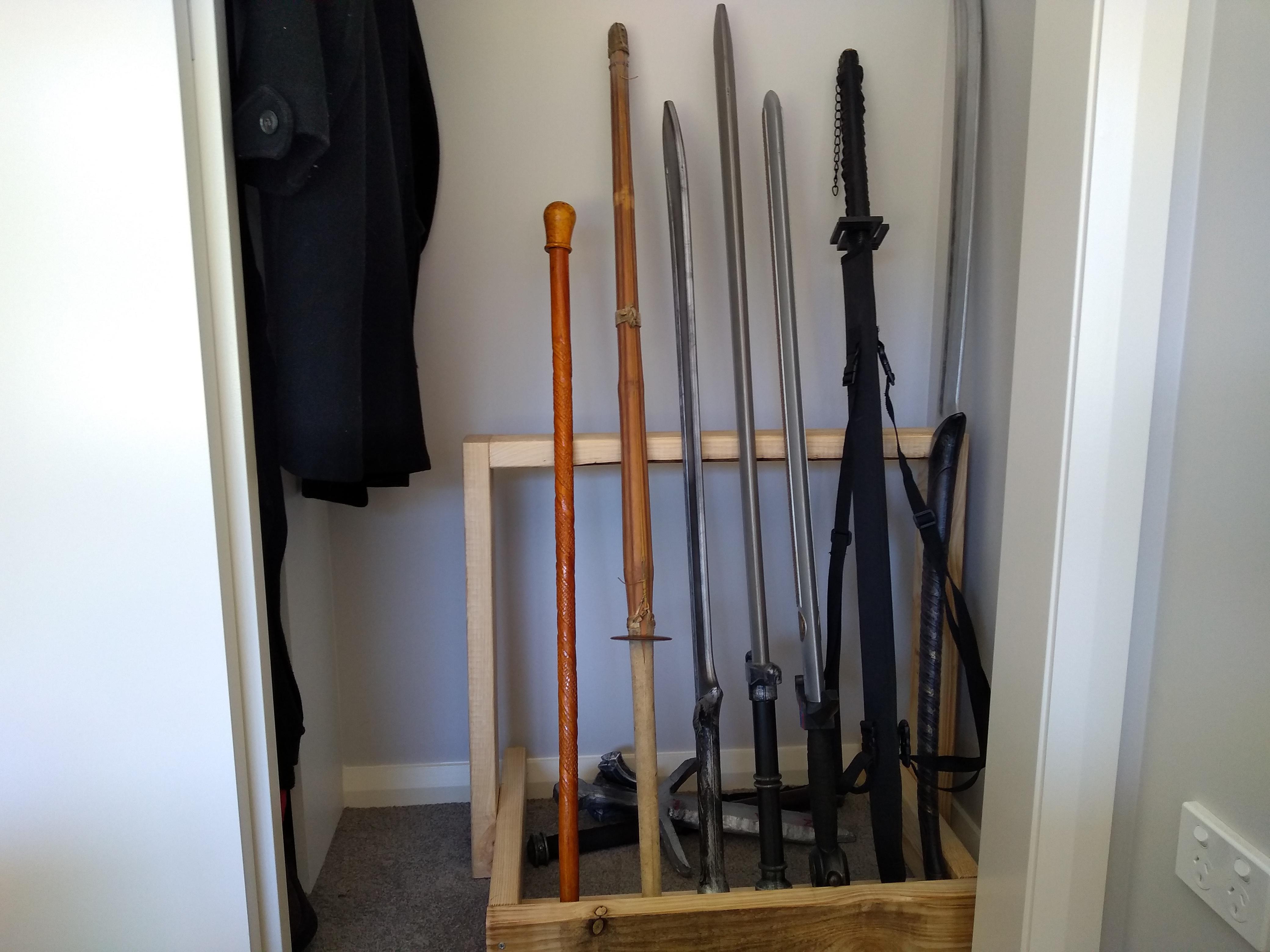 A sword rack for my wardrobe that I just made with my dad to hold my