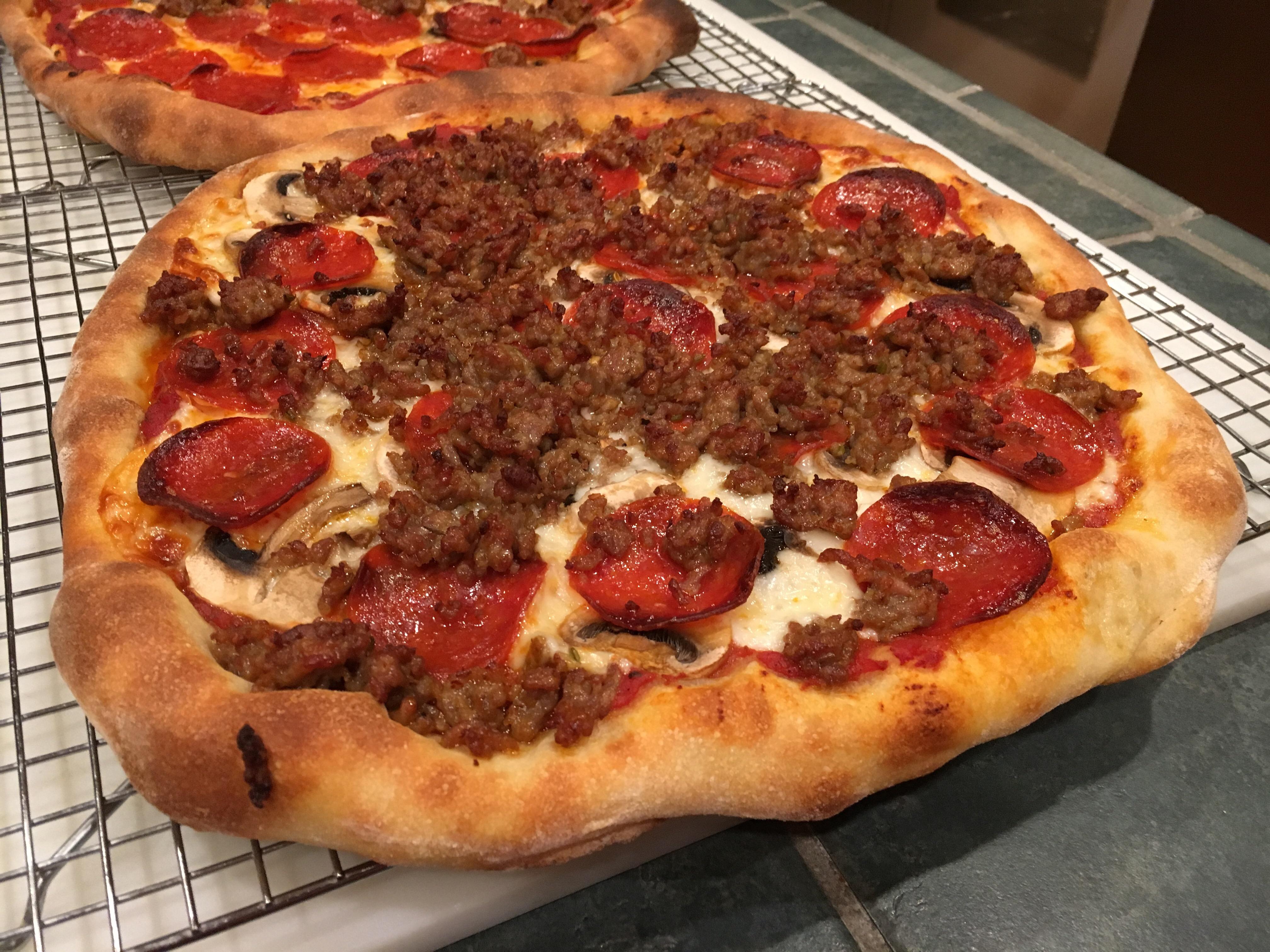 Pepperoni, sausage, and mushroom pizza with homemade dough and sauce r/Pizza