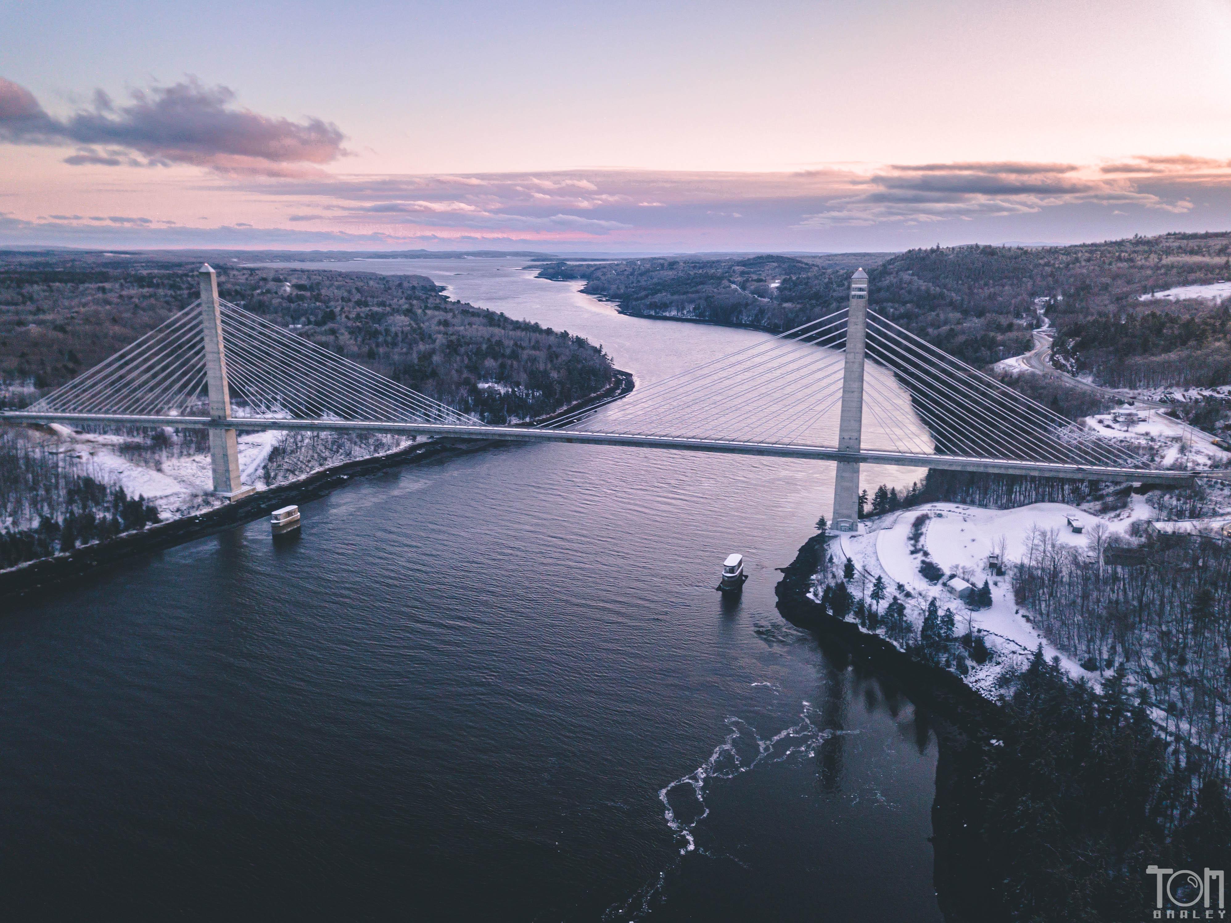 Penobscot Observatory Bridge at sunset tonight. r/Maine