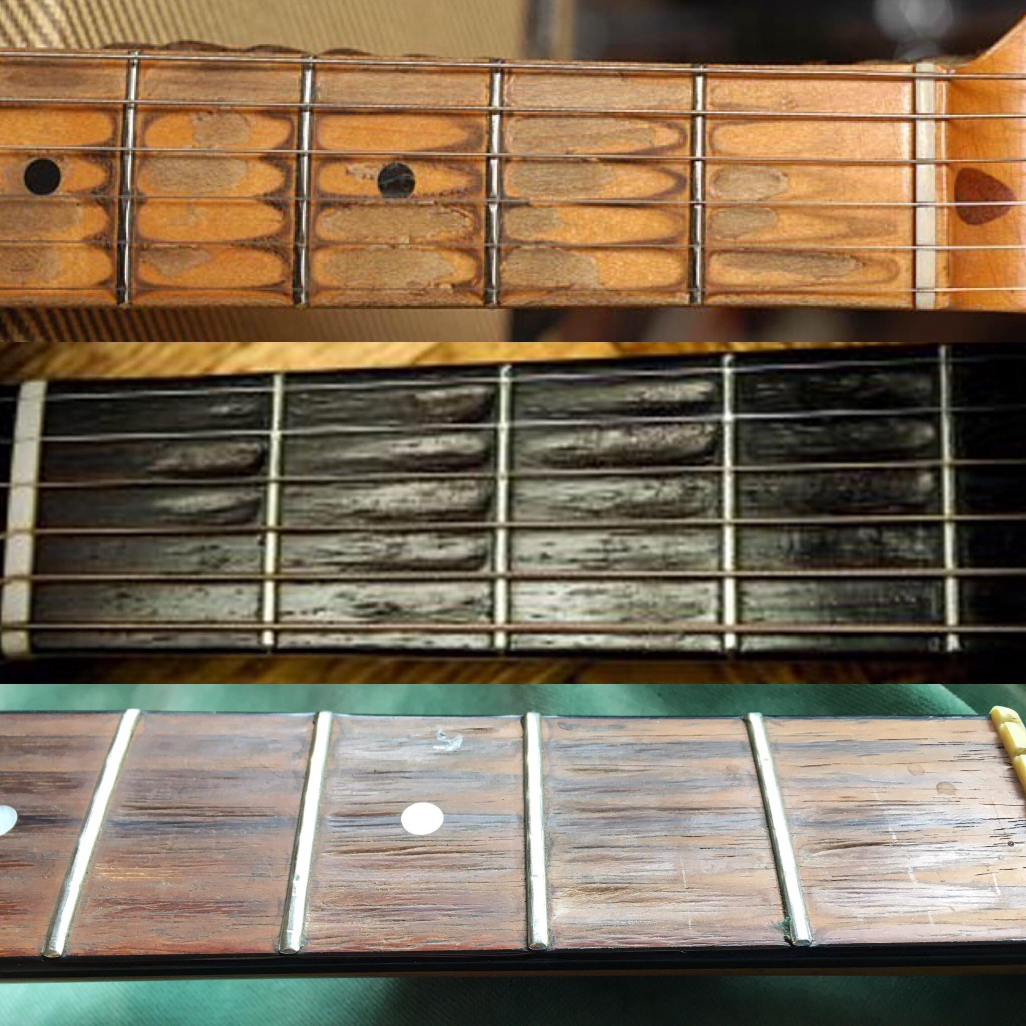 Extremely worn Guitar fretboards from lifetimes of playing and holding