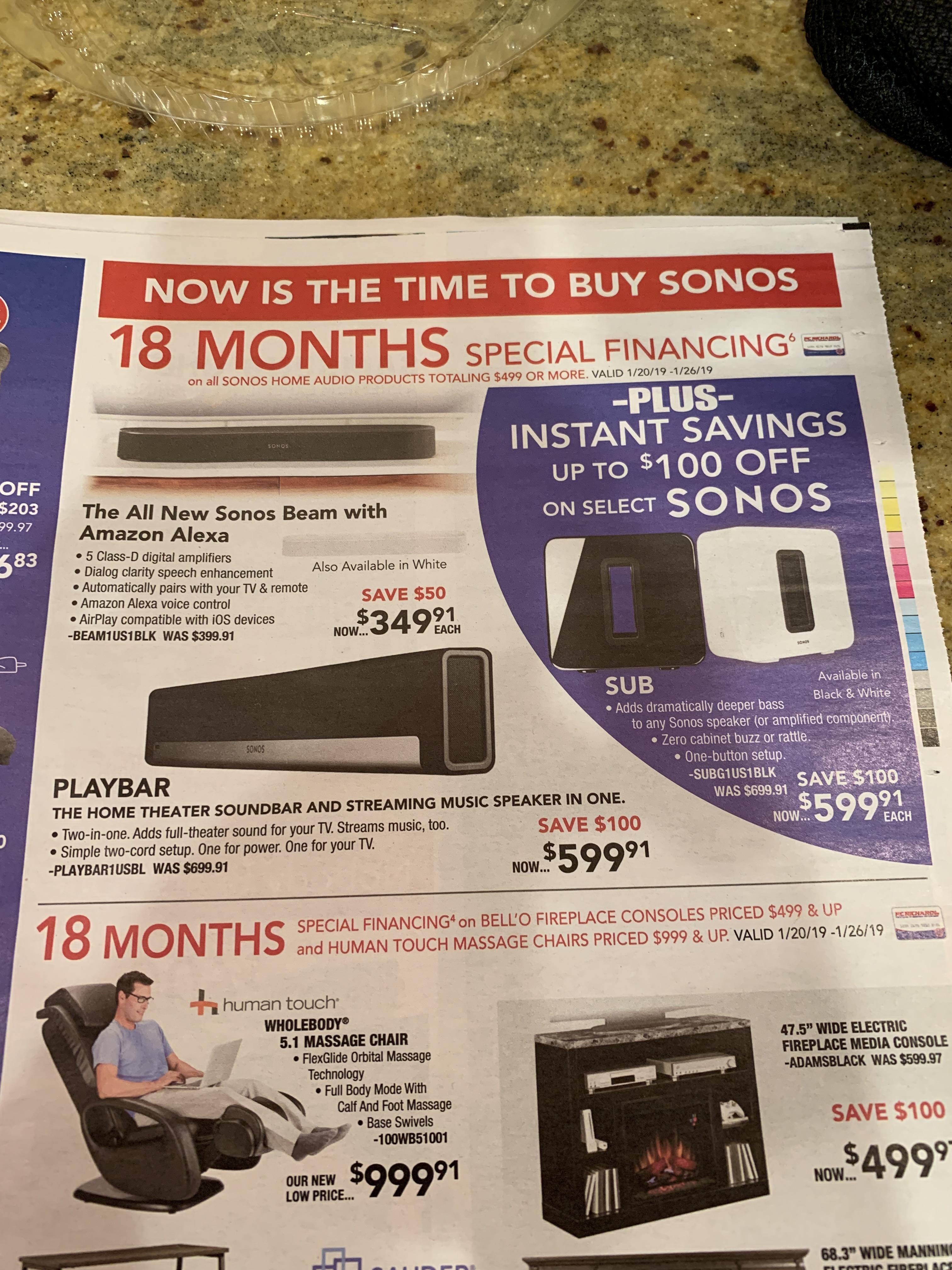Sonos deals at PC Richard 50 off beam, 100 off playbar and sub r