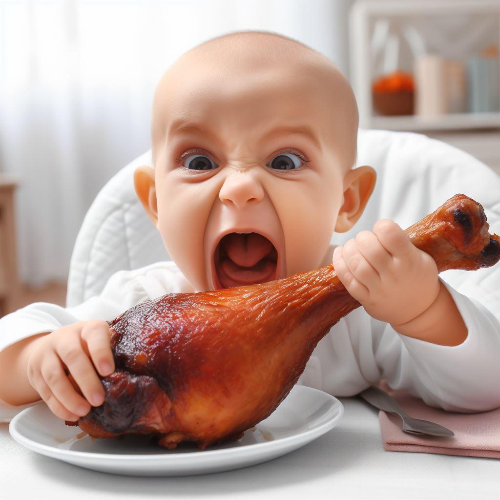 A baby eating a turkey leg while screaming "Turkey leg!" r/midjourney