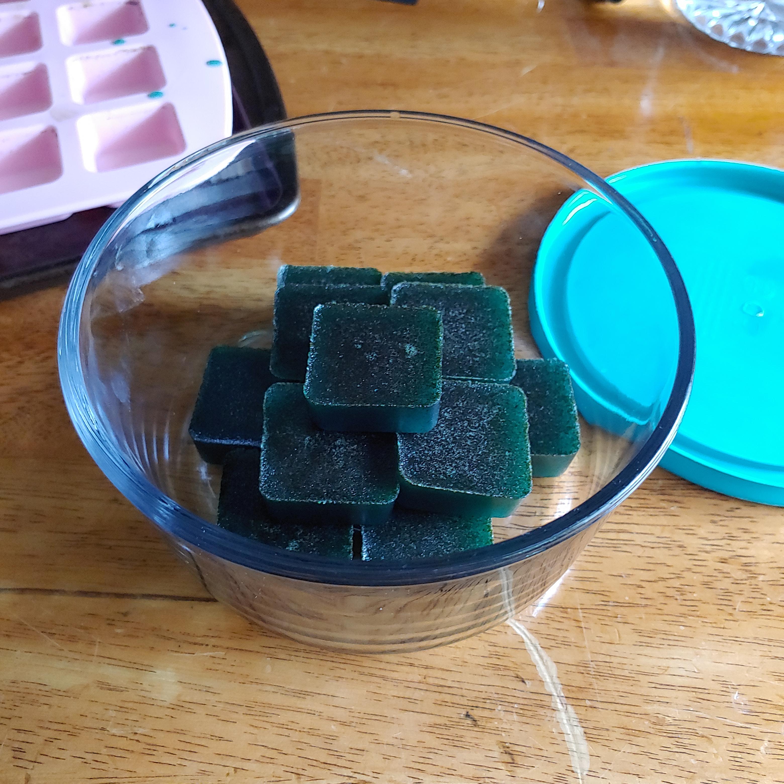 12 blue raspberry gummies, 112mg per gummy. Kicks like a mule. treedibles