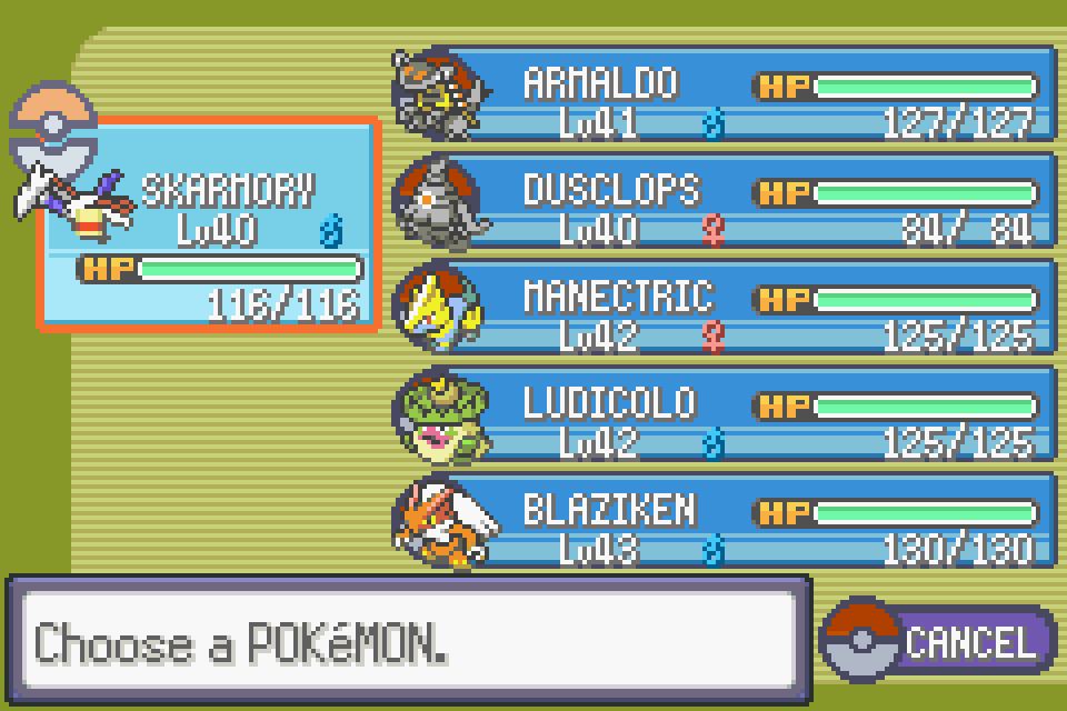 My team for Pokemon Emerald using Blaziken as the starter. It took a