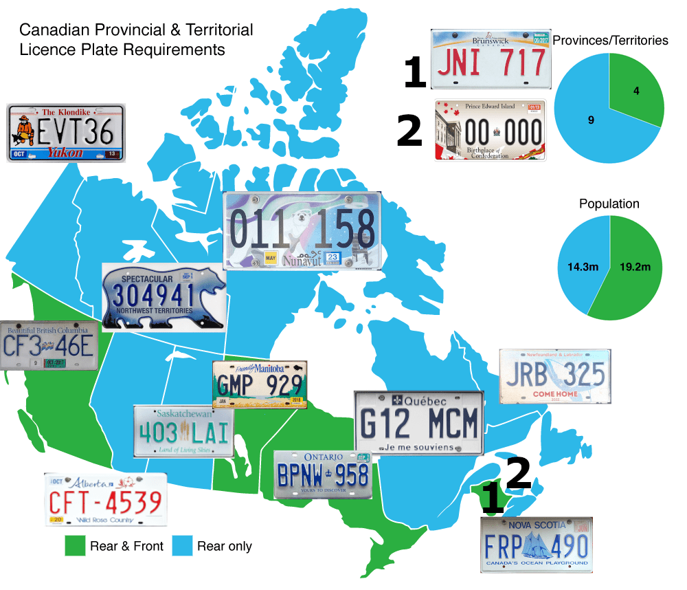 (OC) map of all canadian license plate and rear/front plate obligation
