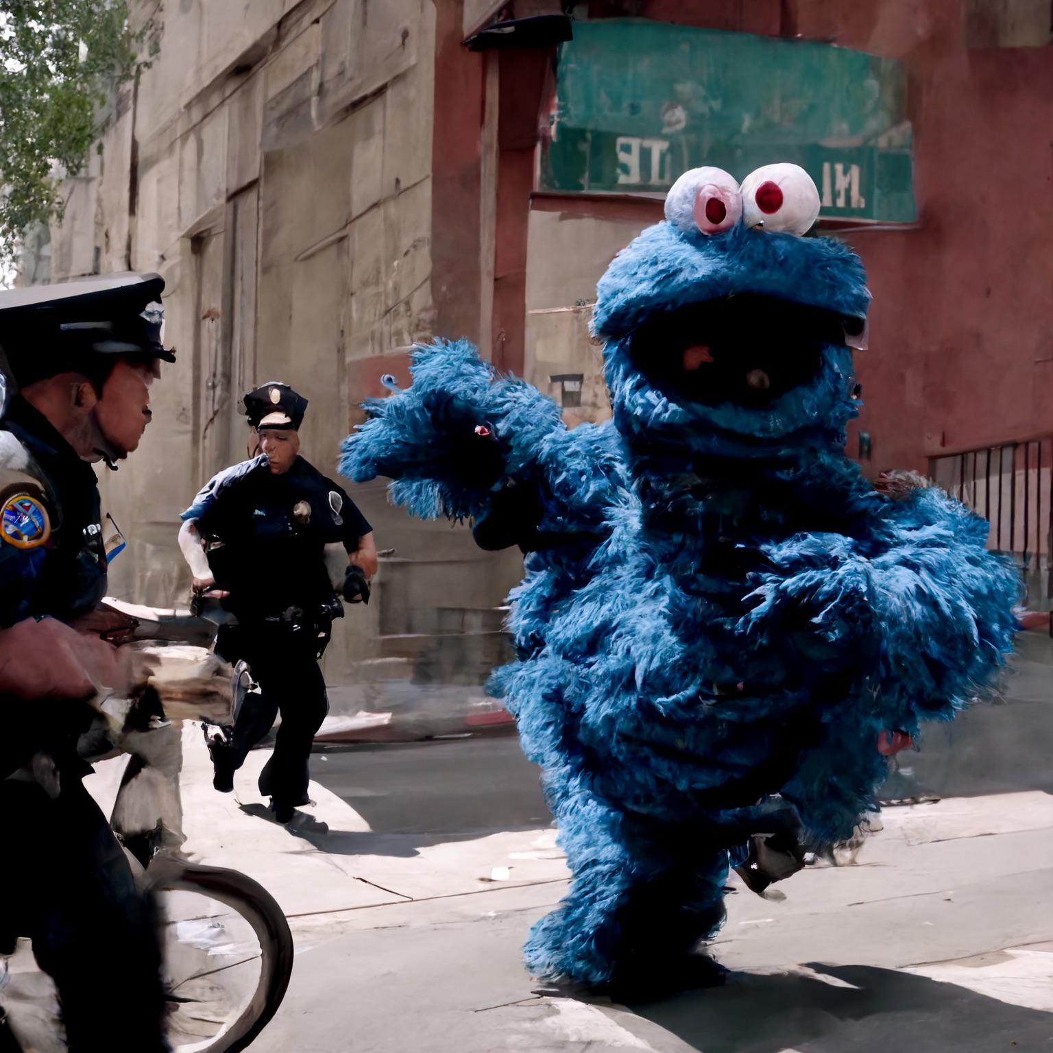 A painting of Cookie Monster running away from the police r/midjourney