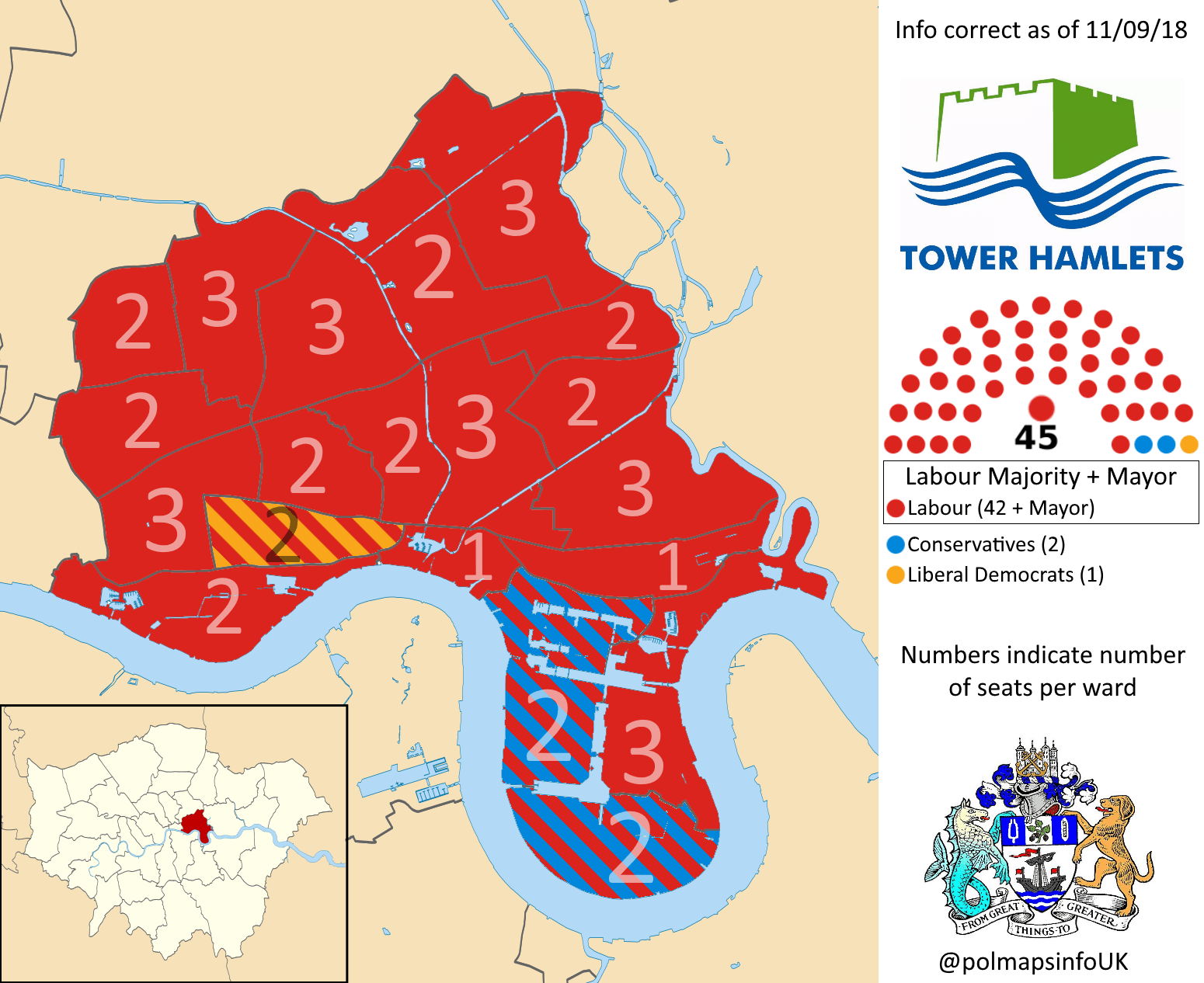Tower Hamlets Borough Council, London. 11/09/18 r/PoliticalMaps