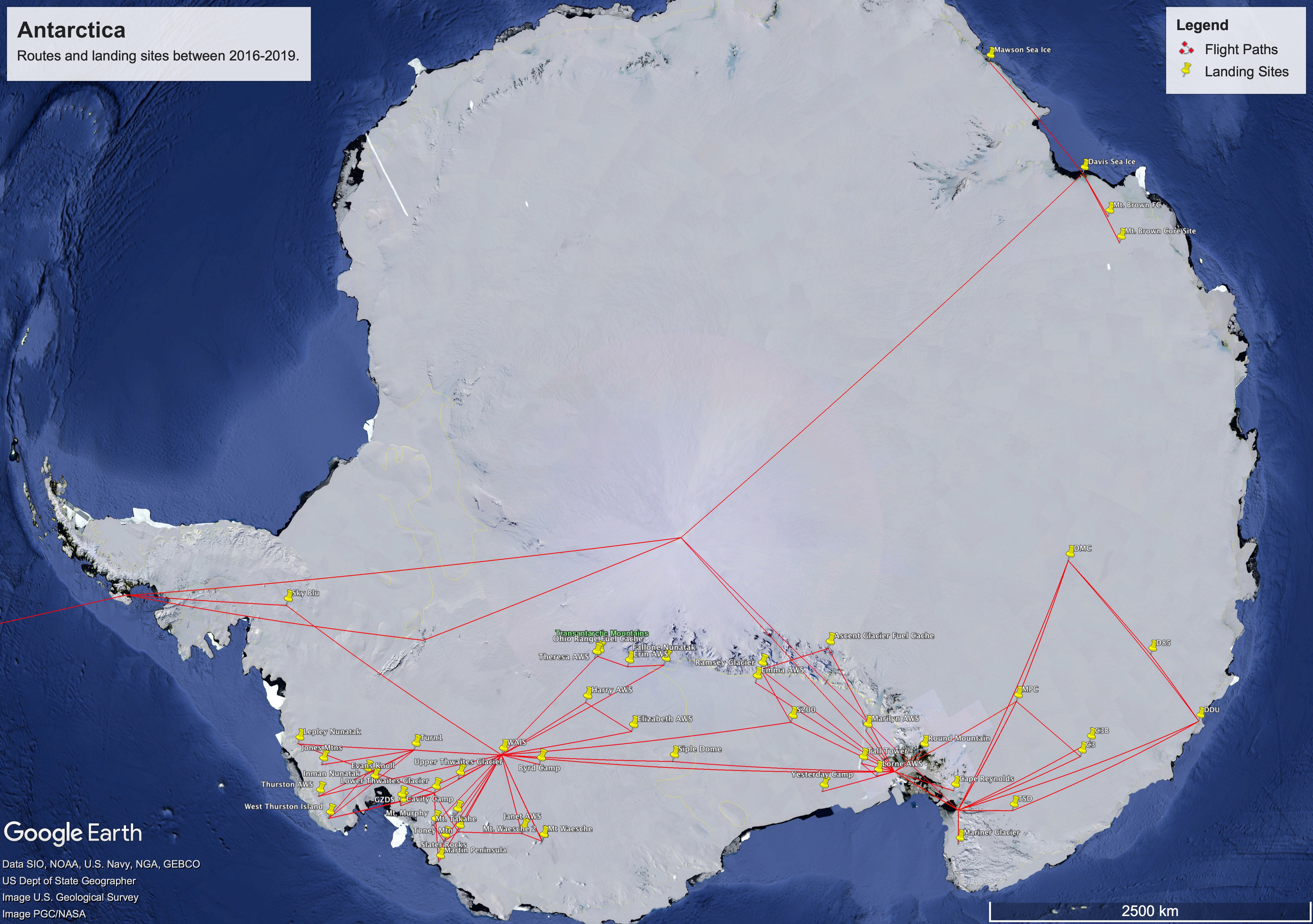 I've overlayed all of the routes I've flown in Antarctica between 2016