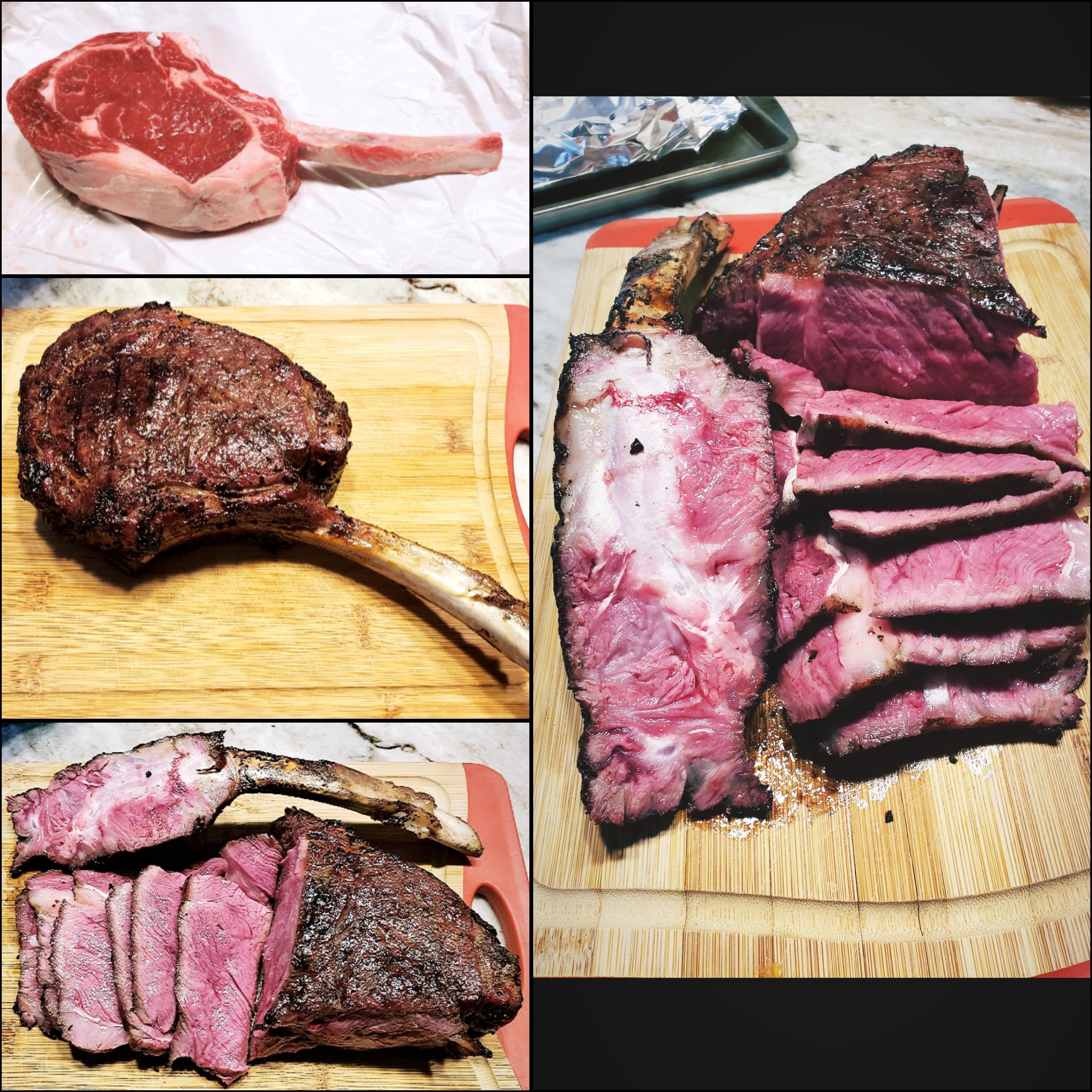 40oz Cowboy cut Tomahawk reverse seared on a weber kettle using a Slow N Sear and Royal Oak lump