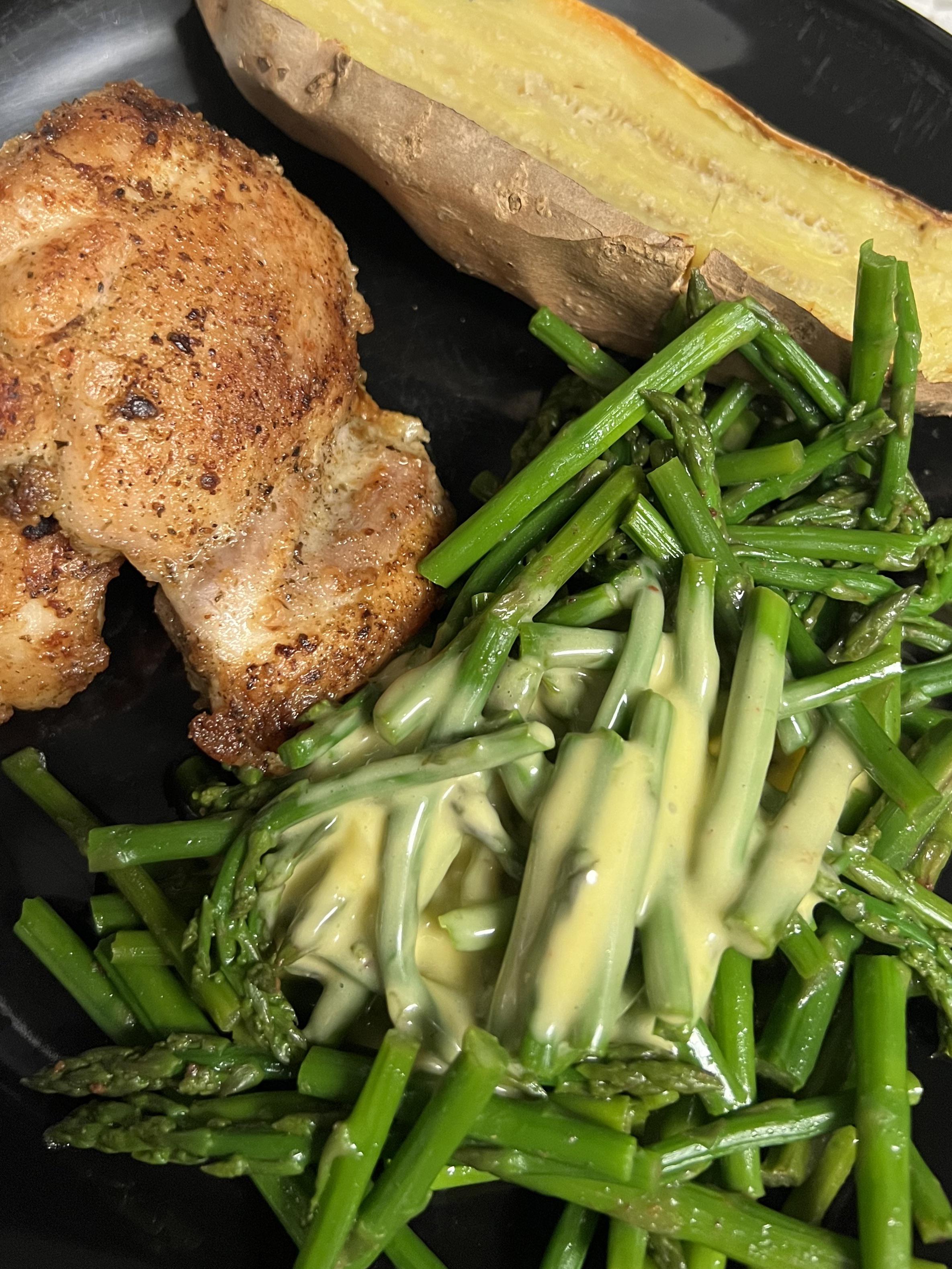 Chicken thighs, baked sweet potato, & asparagus with a homemade