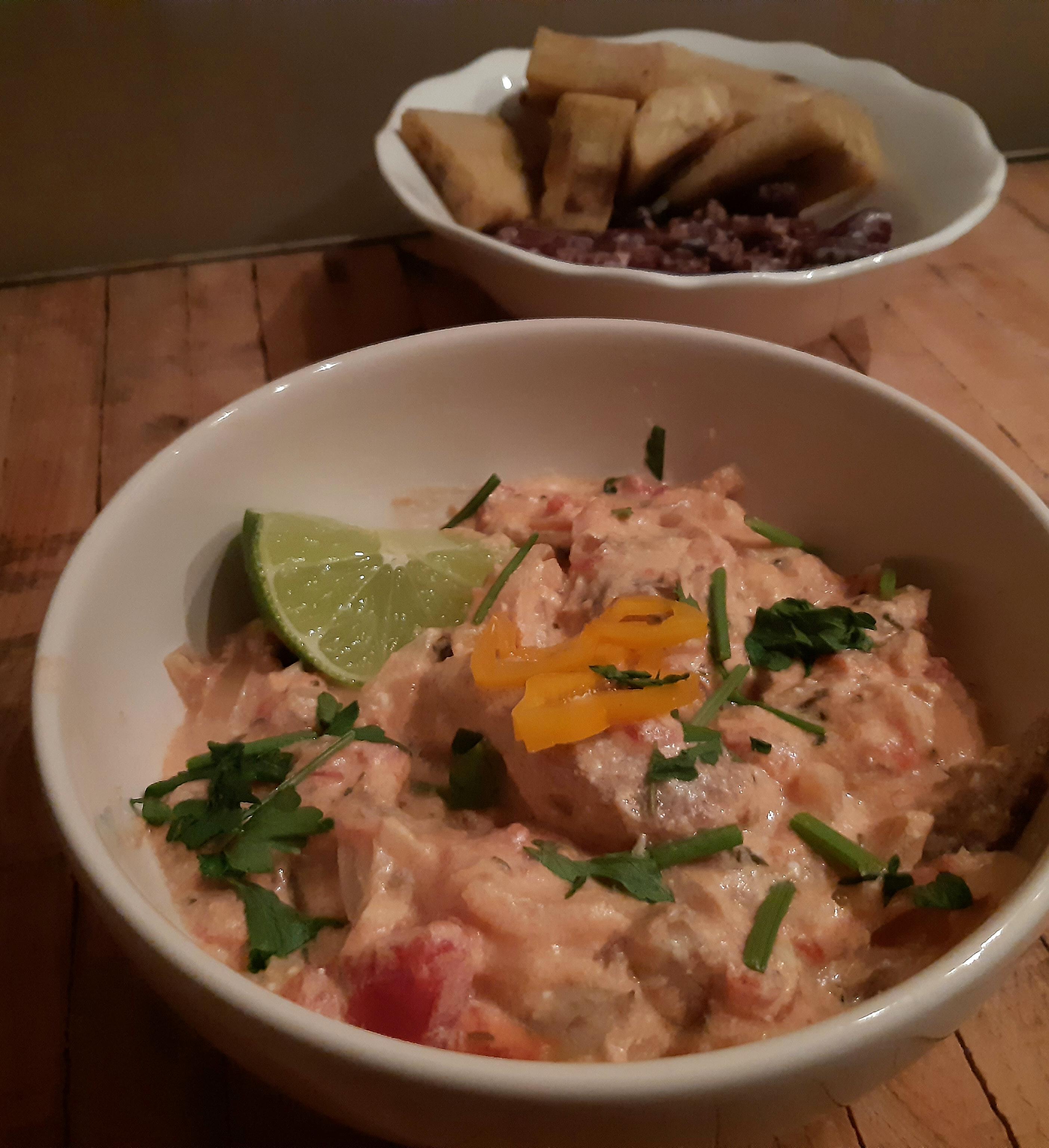 Week 6 Jamaican Mackerel Rundown with rice and boiled green bananas