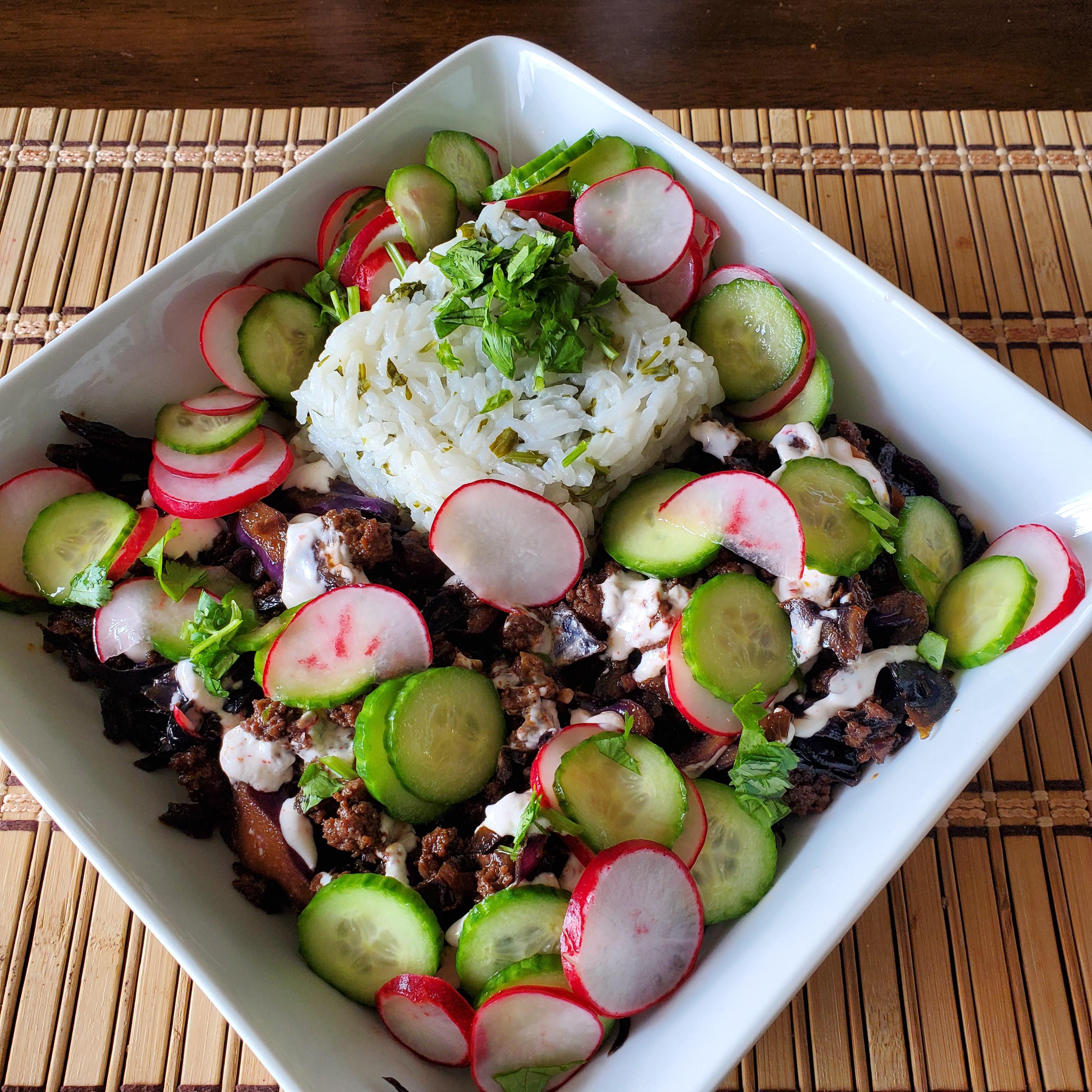 Modified meal. Sesame beef taco bowl with quick pickled veggies and