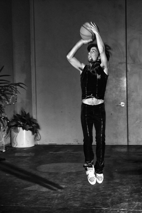 Photo of Prince playing basketball Paisley Park, 1999 PRINCE