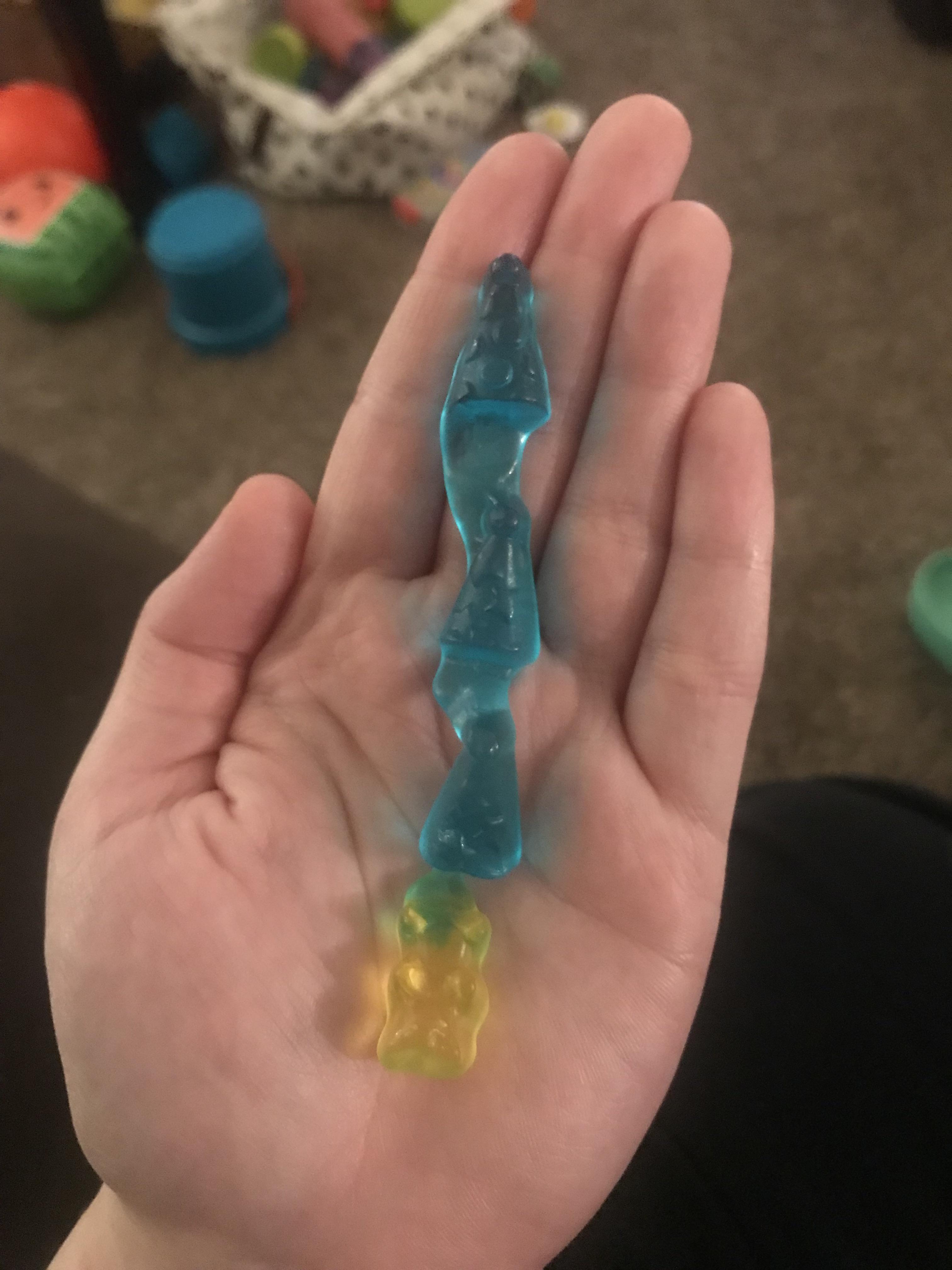 My HARIBO gummy bear had 3 party hats connected to its head r