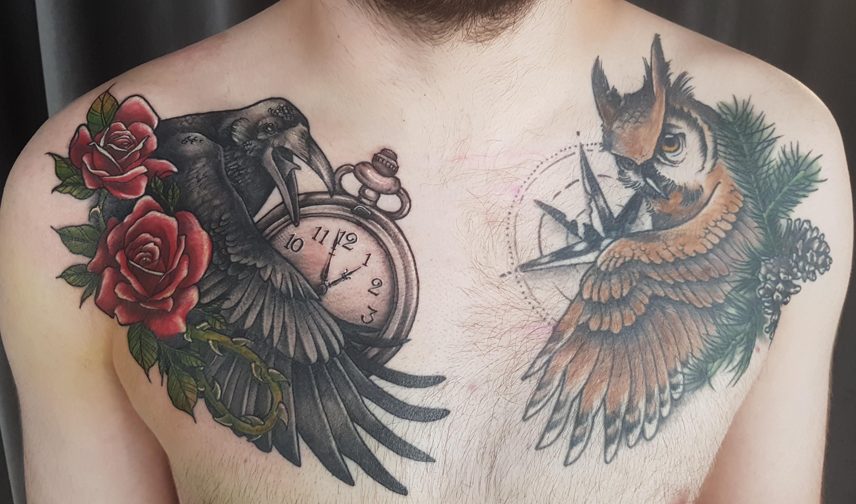 Owl Holding Clock Tattoo