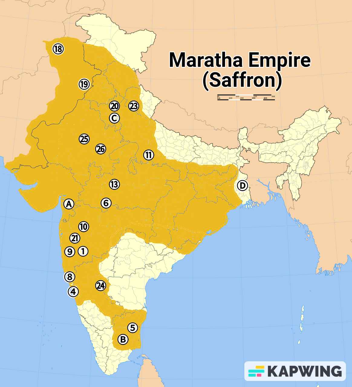 A map of Maratha Empire depicting some of their significant battles