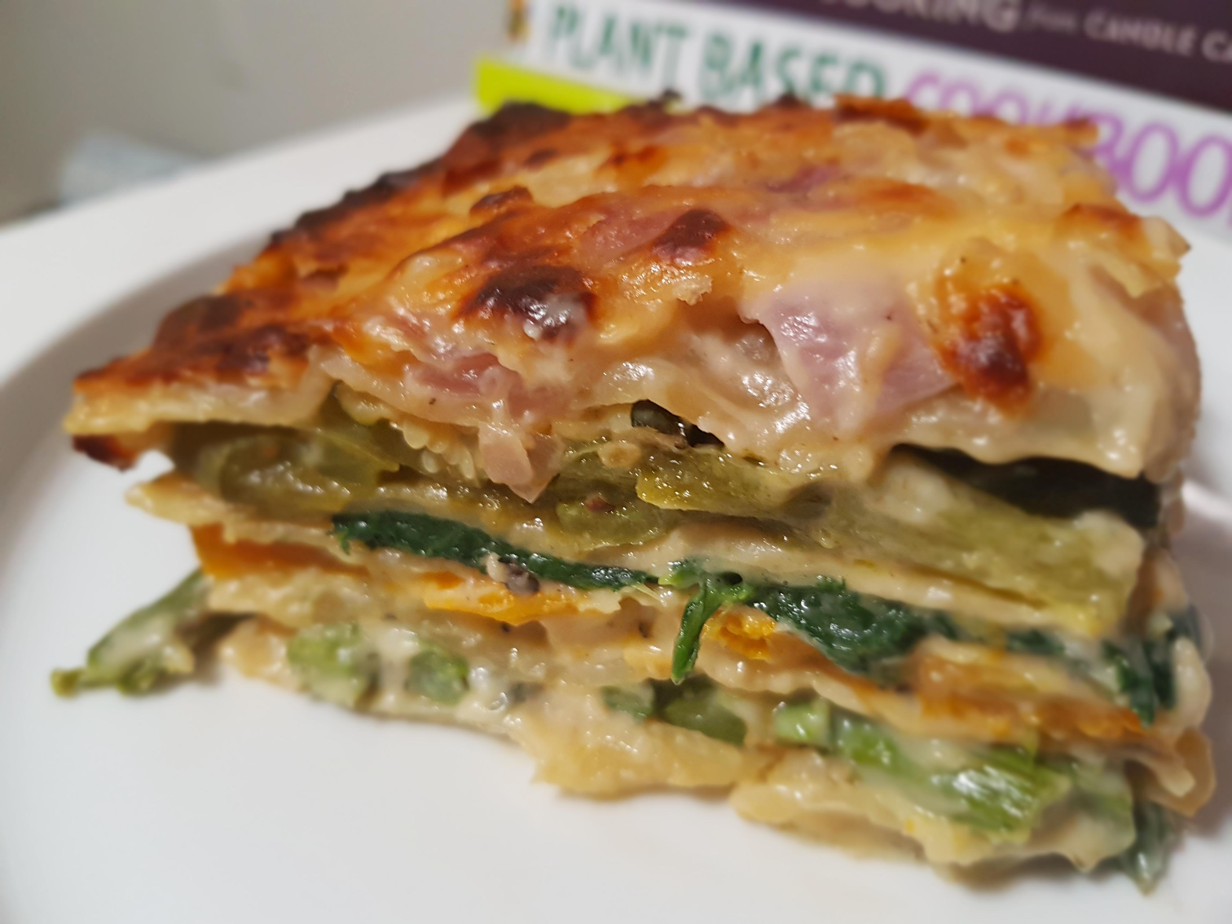 A white lasagna ft. a 'cheesy' soy bechamel, with roasted asparagus