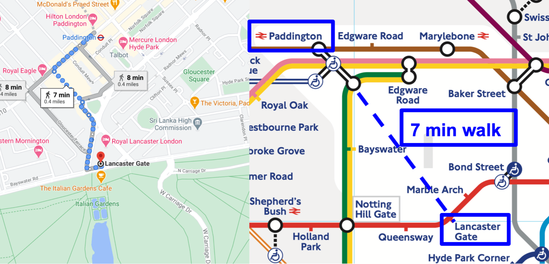 LPT Paddington is only a 7 minute walk from Central Line, it looks