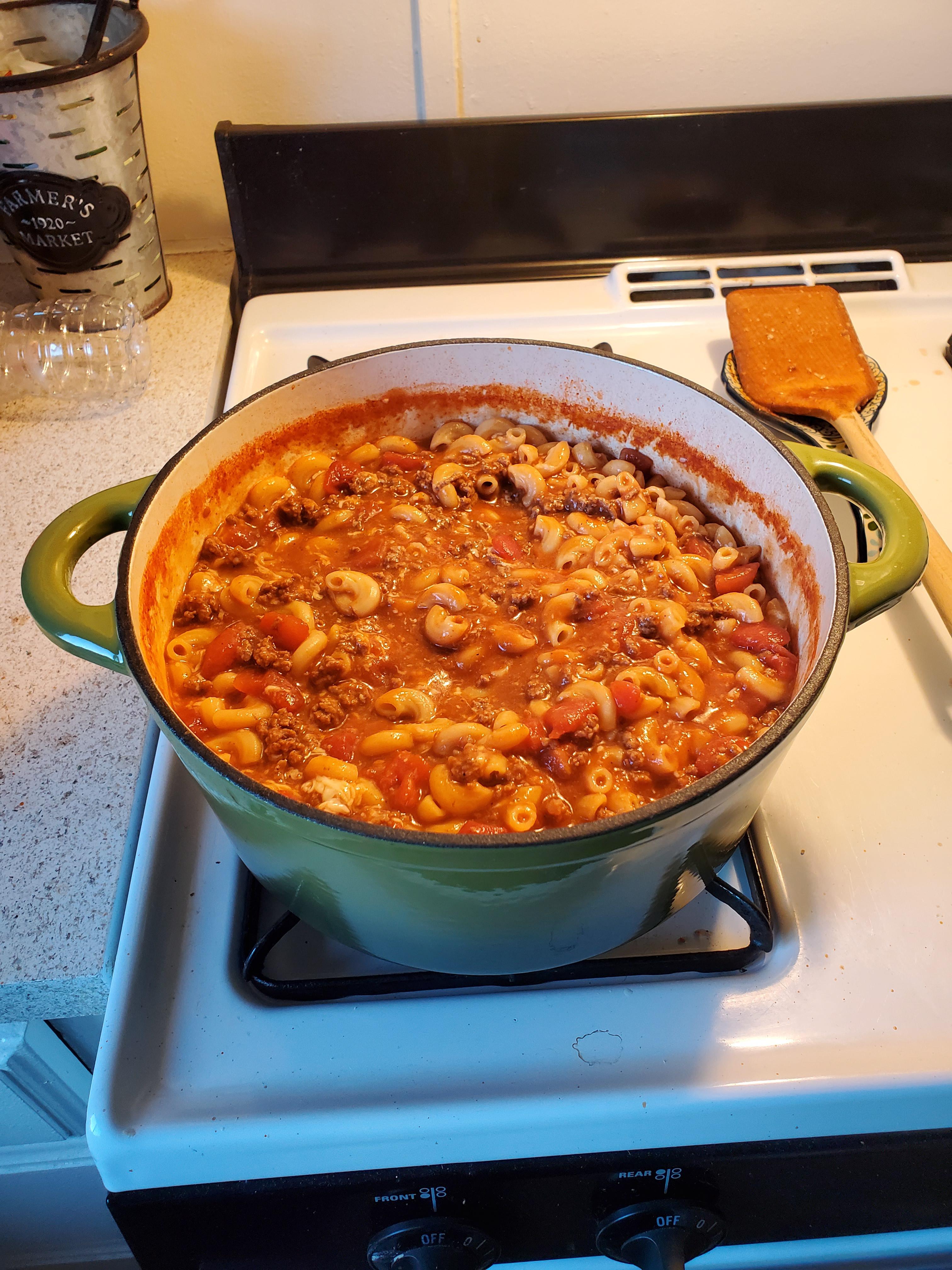 My first ever thing cooked in a Dutch oven! Goulash! r/castiron