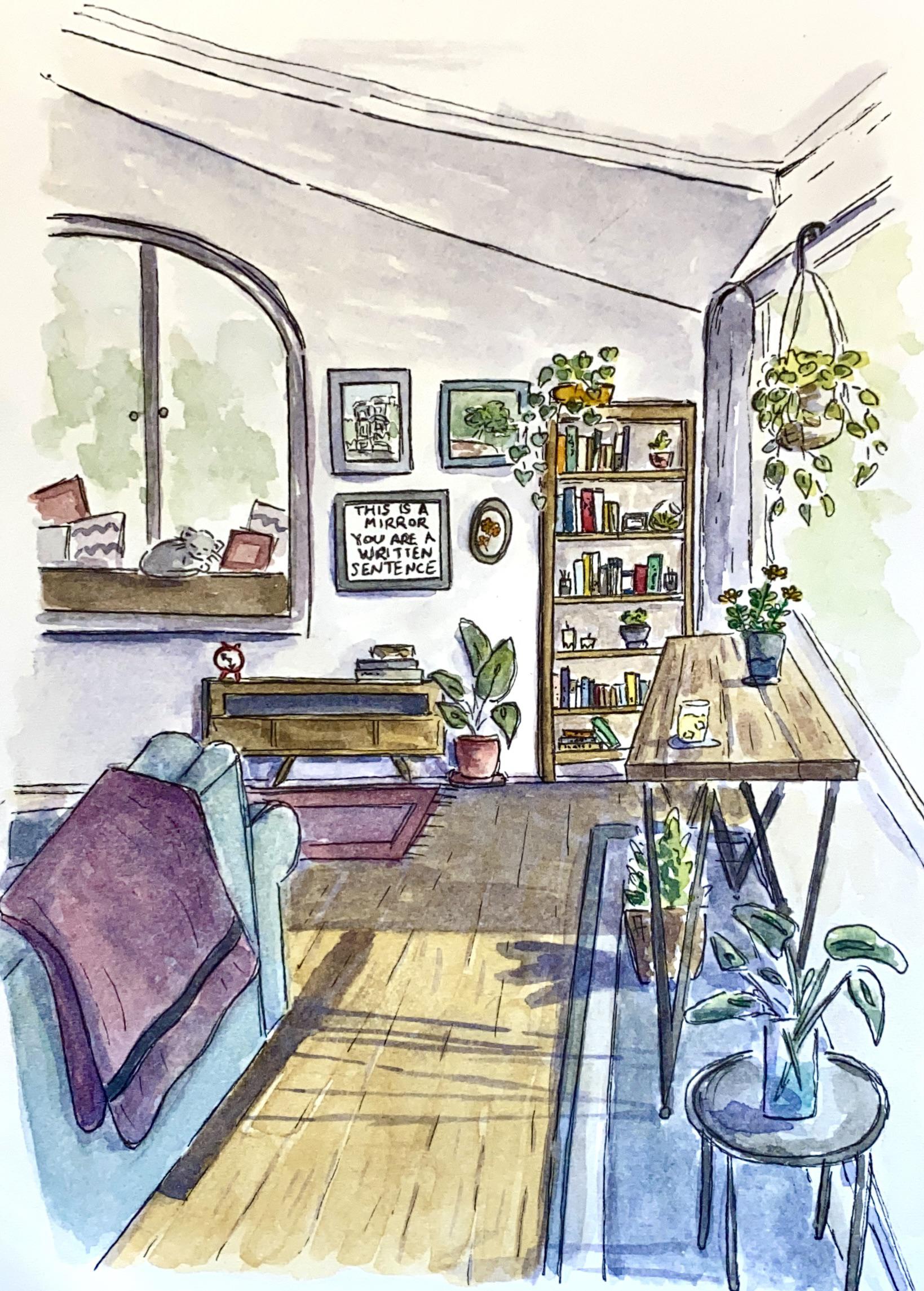 Watercolor painting of a cozy living room r/CozyPlaces