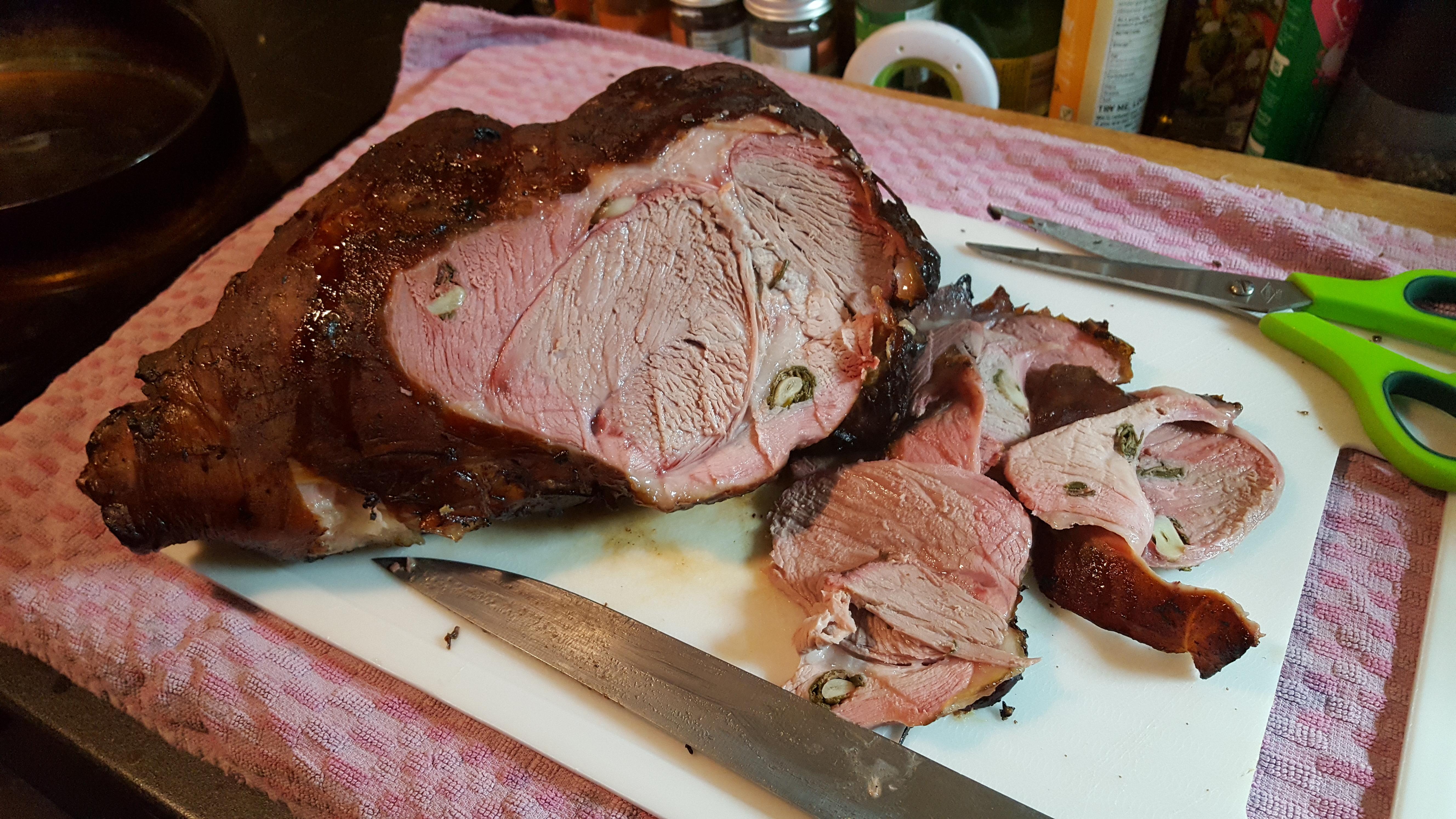 [homemade] Garlic & Rosemary, Cherry Smoked Leg of Lamb. r/food